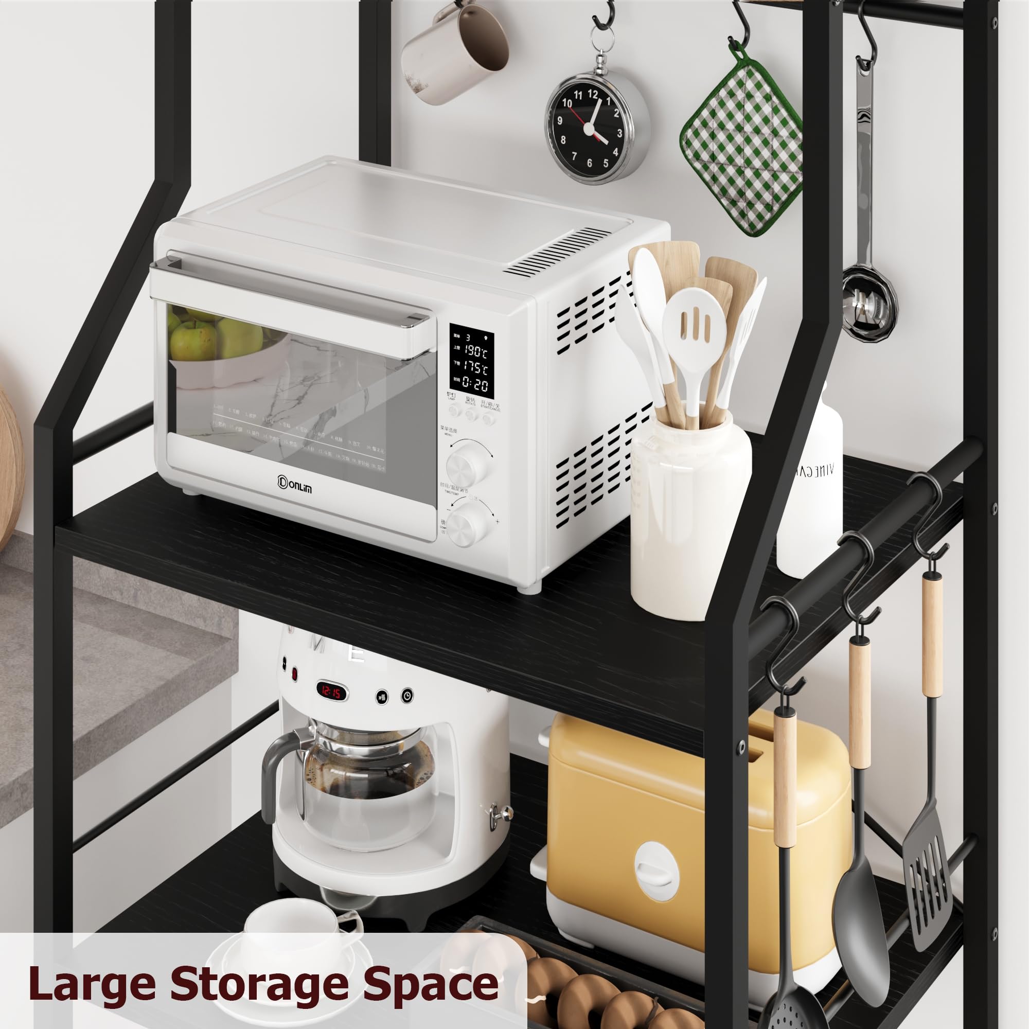 IDEALHOUSE 5-Tier Kitchen Bakers Rack with Microwave Stand - Industrial Coffee Bar Station with 2 Large Wire Baskets & 8 Hooks - Rustic Black Storage Shelf for Spices, Pots & Kitchen Organization - Perfect for Small Spaces, Apartments & Coffee Bar Setups