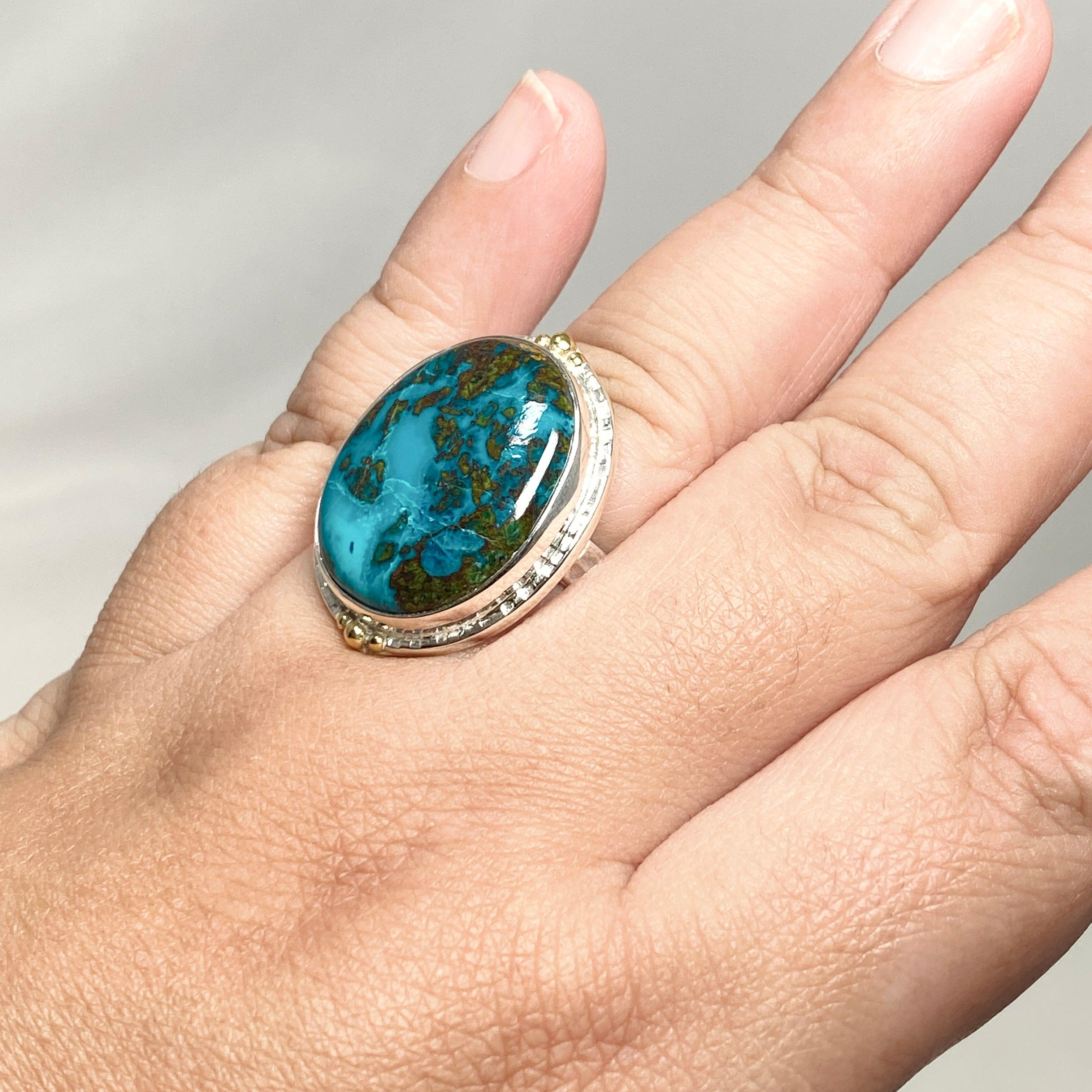 Chrysocolla and Shattuckite Oval Ring with Brass Accents - Size 11 - KRGJ3226 - Perfect for Boho Jewelry Lovers & Spiritual Healing