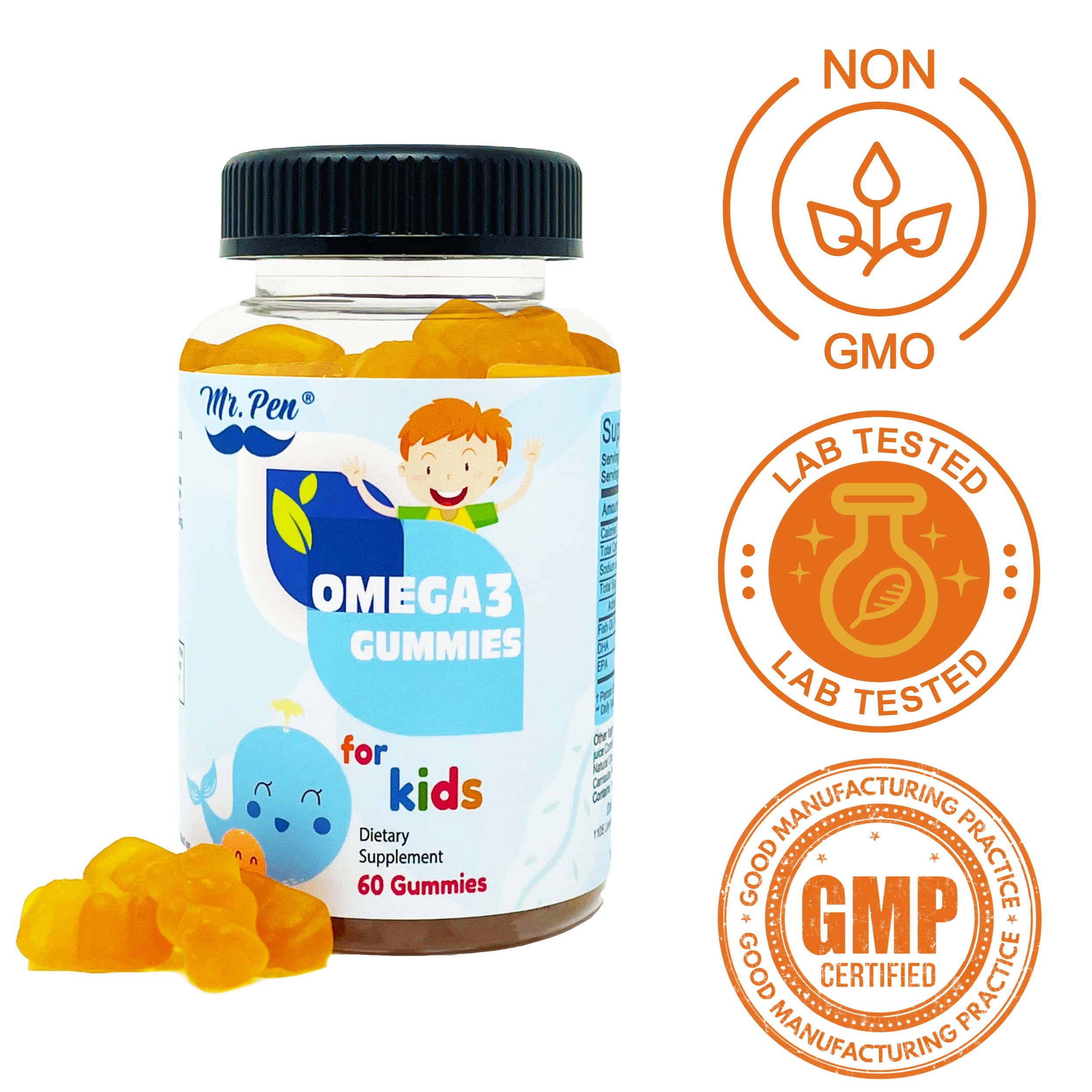 60-Count Omega-3 Gummies for Kids - Delicious Orange Flavor with EPA & DHA - 2 Month Supply - Fish Oil Supplement for Brain & Eye Development - Perfect for School Snacks & Healthy Lunchboxes