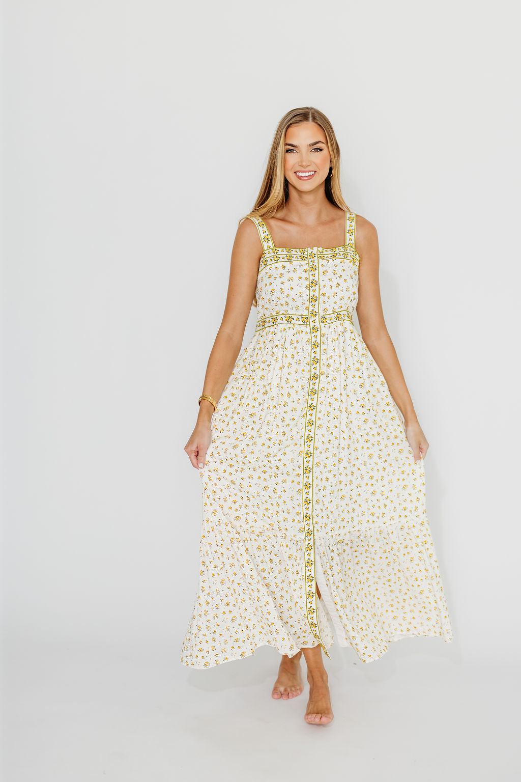 Kenna Cotton Floral Embroidered Maxi Dress in Daffodil Yellow | Boho Summer Beach Dress for Women | Perfect for Vacations, Weddings & Outdoor Events