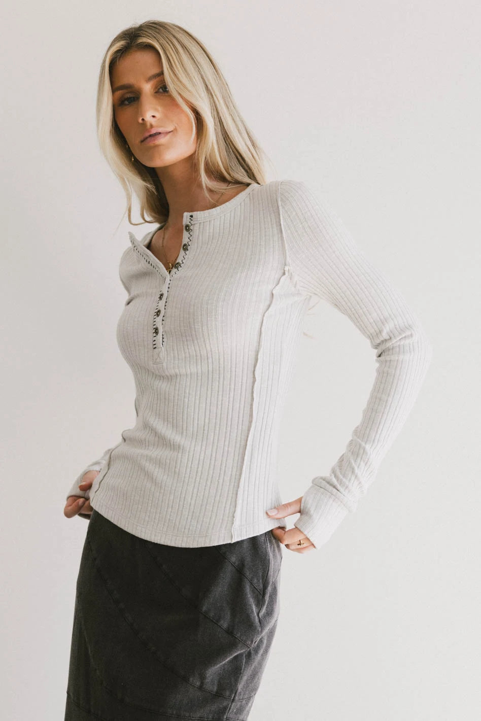 Emmilianne Ribbed Top in Grey - Stylish Women's Knit T-Shirt for Casual Wear, Layering & Everyday Outfits | FINAL SALE
