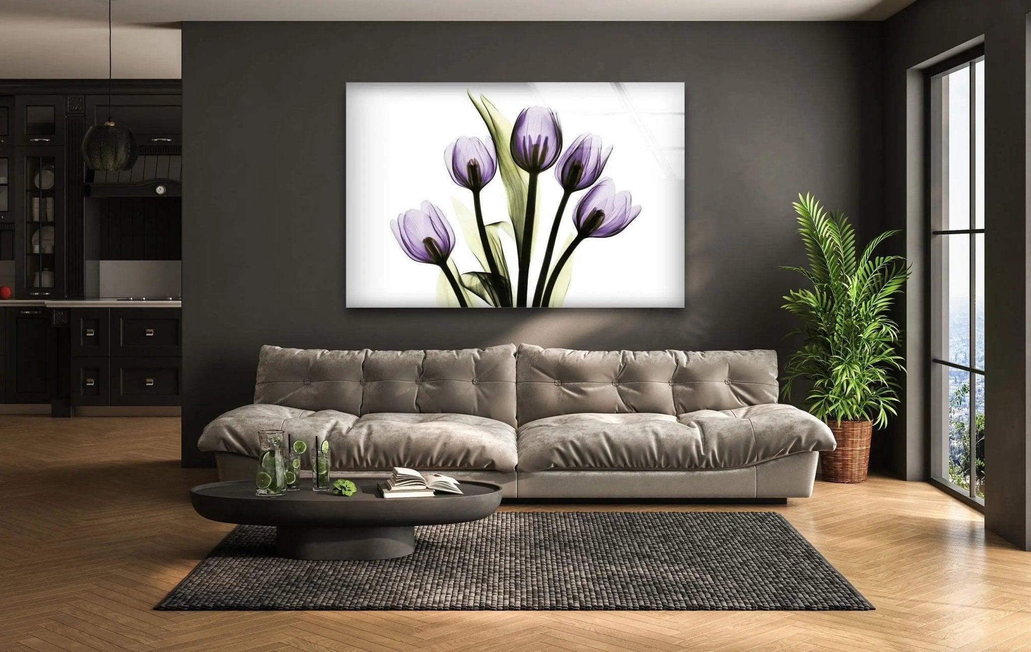 Albert Koetsier Xray Five Tulips In Purple Glass Wall Art - Modern Floral Canvas Print for Living Room, Bedroom & Office Decor
