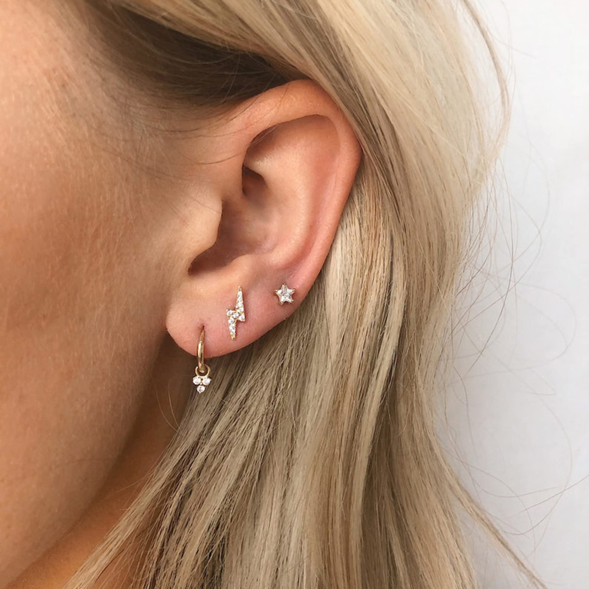 14K Gold Stud Earrings for Women - Dainty Hypoallergenic Cartilage Earrings Set with Flat Back | Small Hoop Earrings for Multiple Piercings | Perfect Gift for Her | Everyday Wear, Special Occasions & Gifting