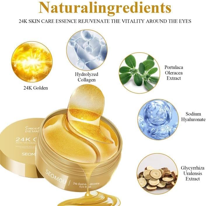24K Gold Under Eye Patches for Dark Circles & Puffiness - 60 Pack Cooling Hydrogel Eye Mask with Collagen | Reduce Wrinkles, Refresh Tired Eyes | Perfect for Night Routine, Travel & Spa Days