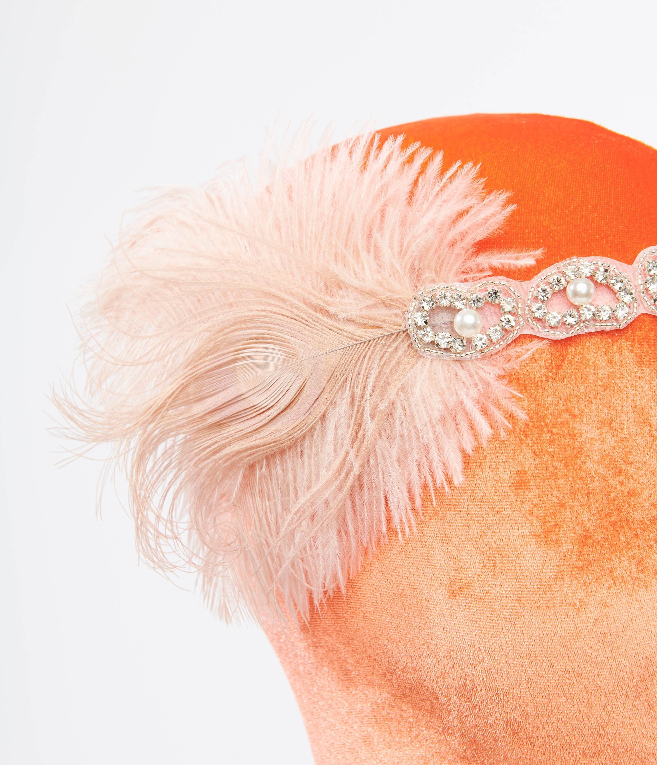 Vintage 1920s Peach Feather & Silver Rhinestone Headband for Women - Roaring 20s Gatsby Party, Wedding, Flapper Costume Accessory