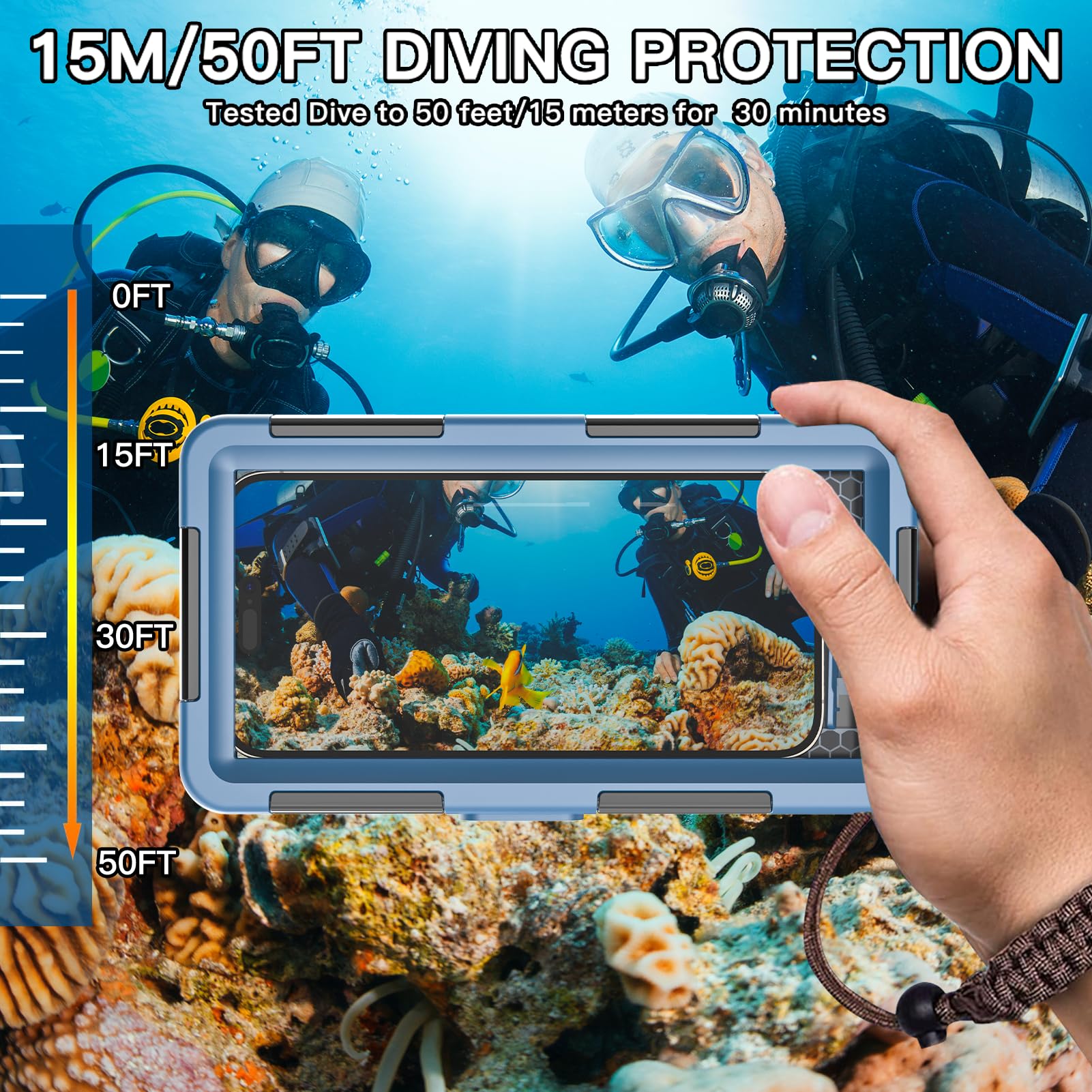 **Universal Waterproof Phone Case for iPhone 16/15/14/13/12/11 Pro Max/XR/XS/X & Samsung Galaxy S24/S23/S22/S21 - Underwater Snorkeling & Diving Protection - Scuba Underwater Photo & Video Housing (Blue) - Perfect for Beach, Pool, and Water Sports**
