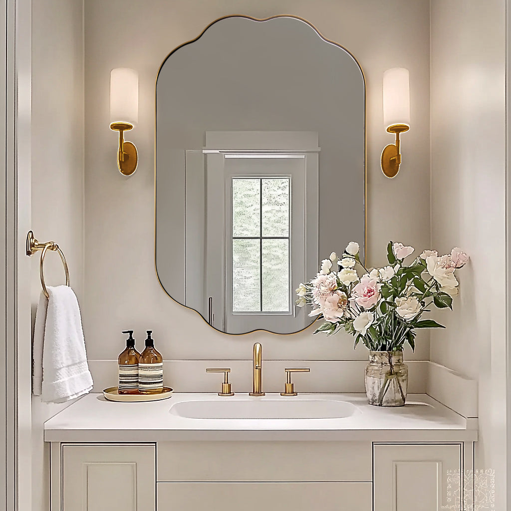 Contemporary Oval Scalloped Bathroom Vanity Mirror with Stainless Steel Frame - Elegant Wall Mirror for Modern Bathroom Decor, Powder Room, and Guest Bathroom