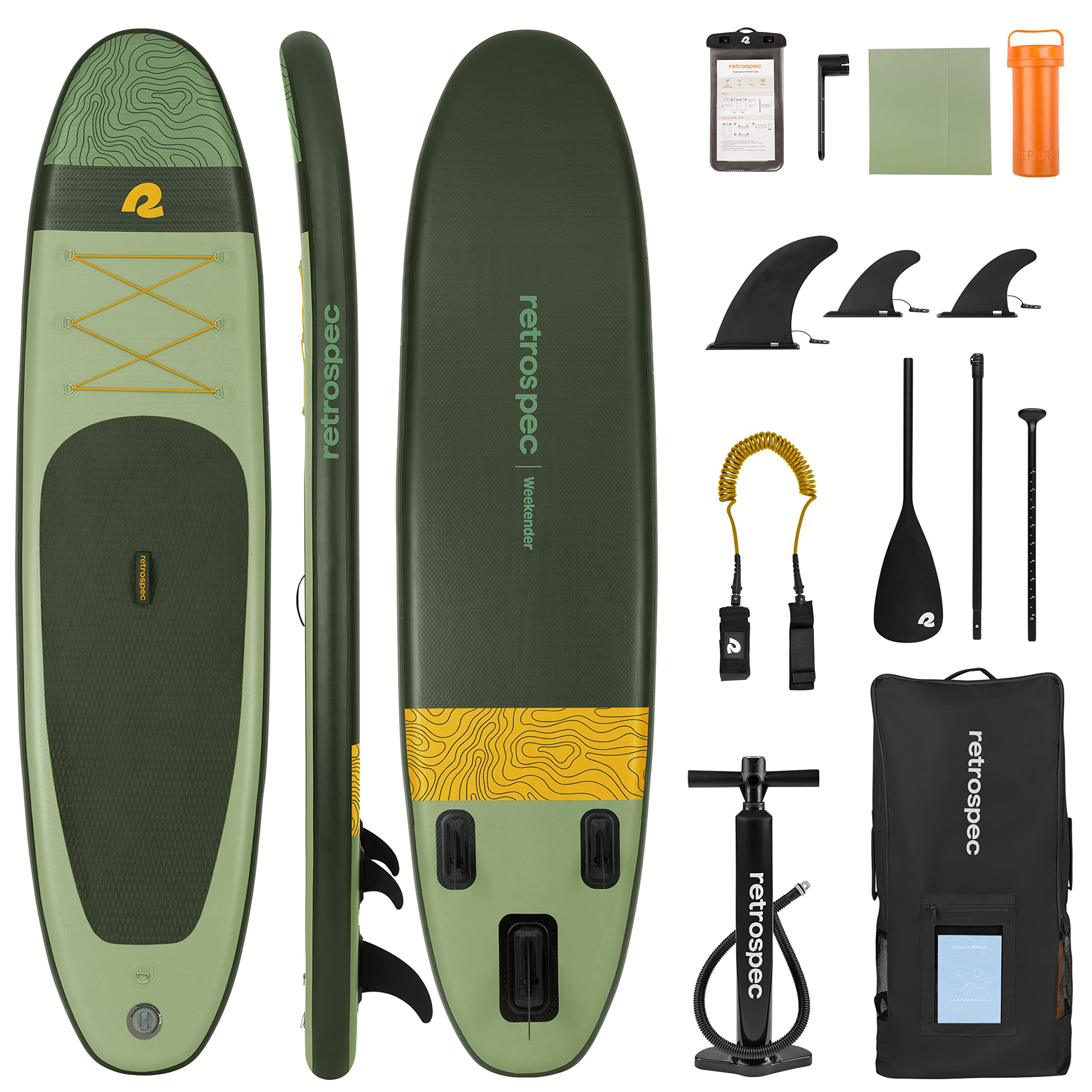 Retrospec Weekender 10' Inflatable Stand Up Paddle Board (ISUP) Complete Kit - Includes Adjustable Aluminum Paddle, 3 Removable Fins, Hand Pump, Carrying Bag & Phone Case | Perfect for Beach, Lake & River Paddleboarding Adventures