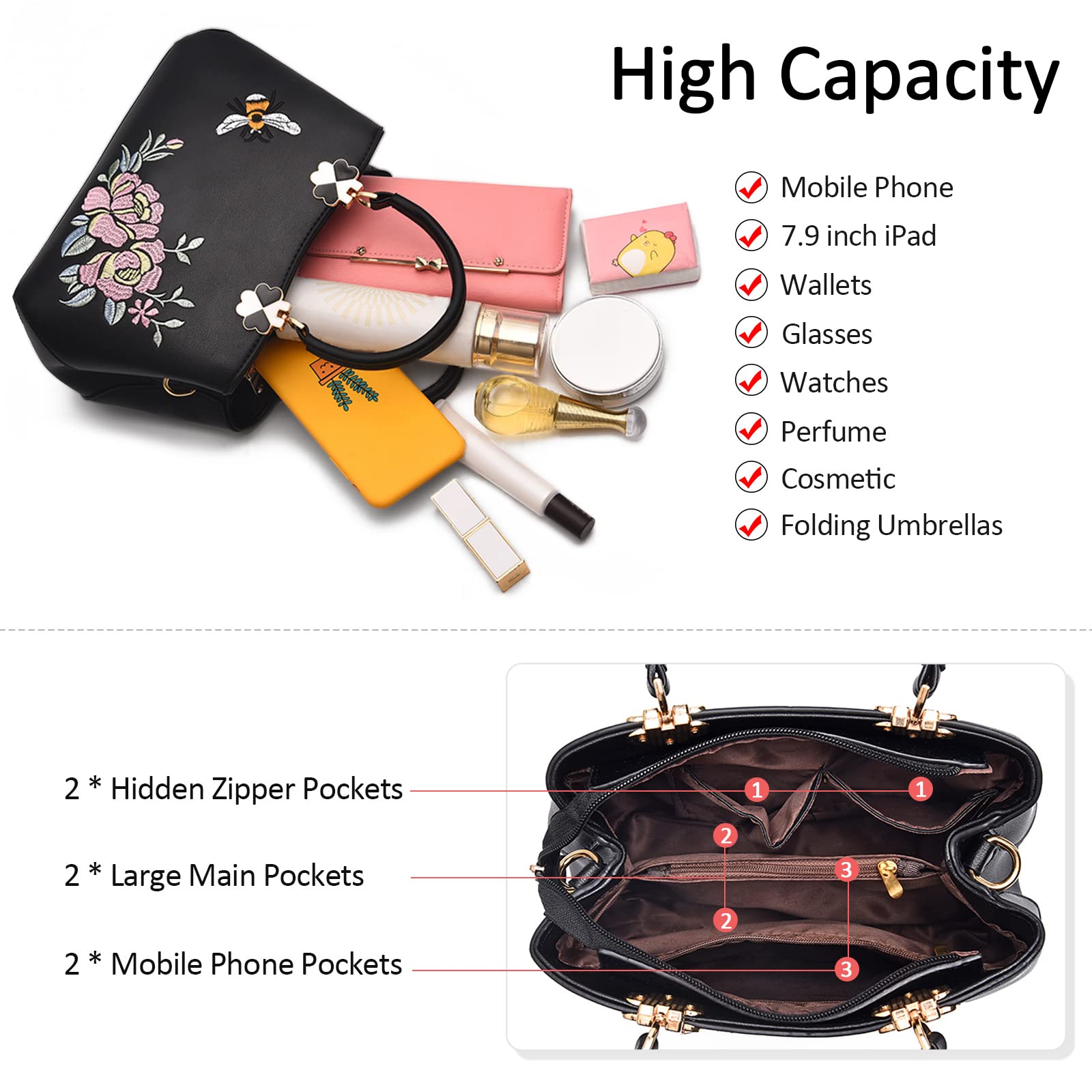 Elegant Women's Handbag - Top Handle Embroidery Shoulder Bag Crossbody Purse for Work, Travel & Shopping - PU Leather Black (Perfect for Office, Parties & Daily Use)