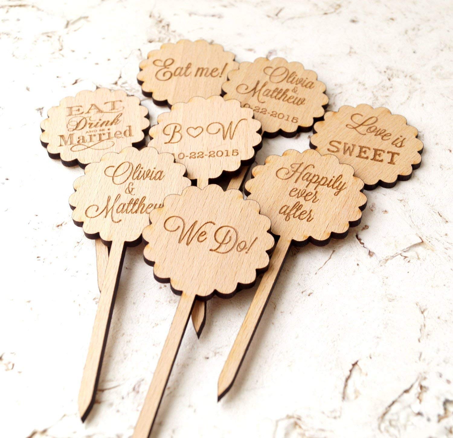 Personalized Wooden Cupcake Toppers - Rustic Wedding Cake Decorations - Custom Engraved Cupcake Picks (12 Pack) - Perfect for Bridal Showers, Anniversary Parties & Baby Showers