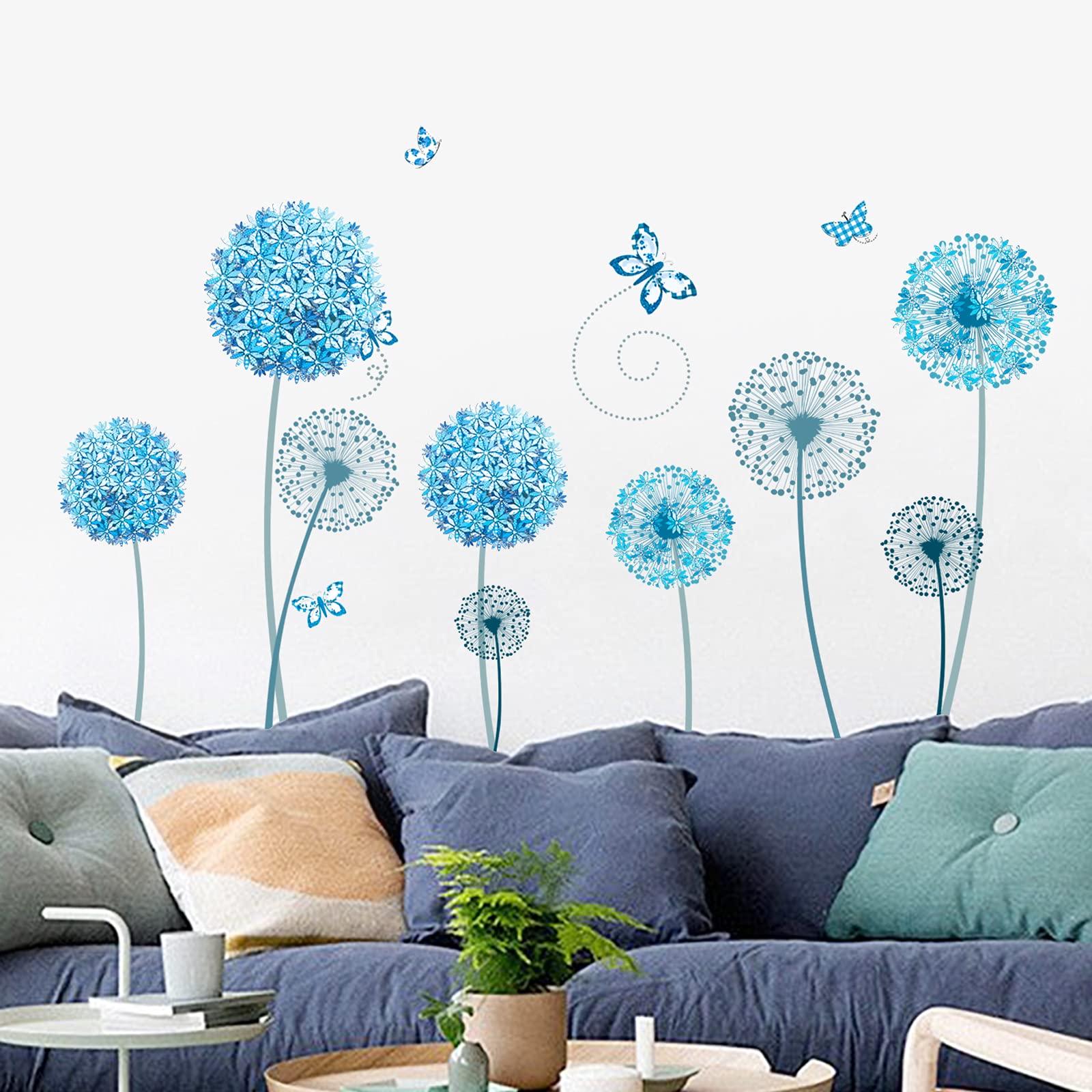 Large Blue Flower Wall Stickers - Allium Butterfly Decals for Bedroom & Living Room Decor