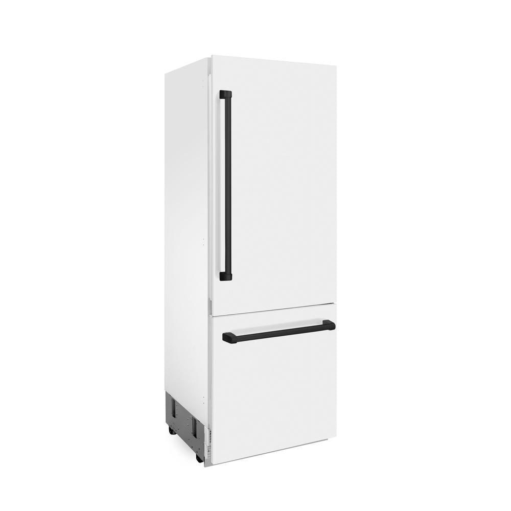 ZLINE Autograph Edition 30 Inch Built-In Bottom Freezer Refrigerator - 16.1 cu ft Capacity, Water Dispenser & Ice Maker - White Matte Finish with Matte Black Accents (RBIVZ WM 30 MB) - Perfect for Modern Kitchens & Open Concept Homes