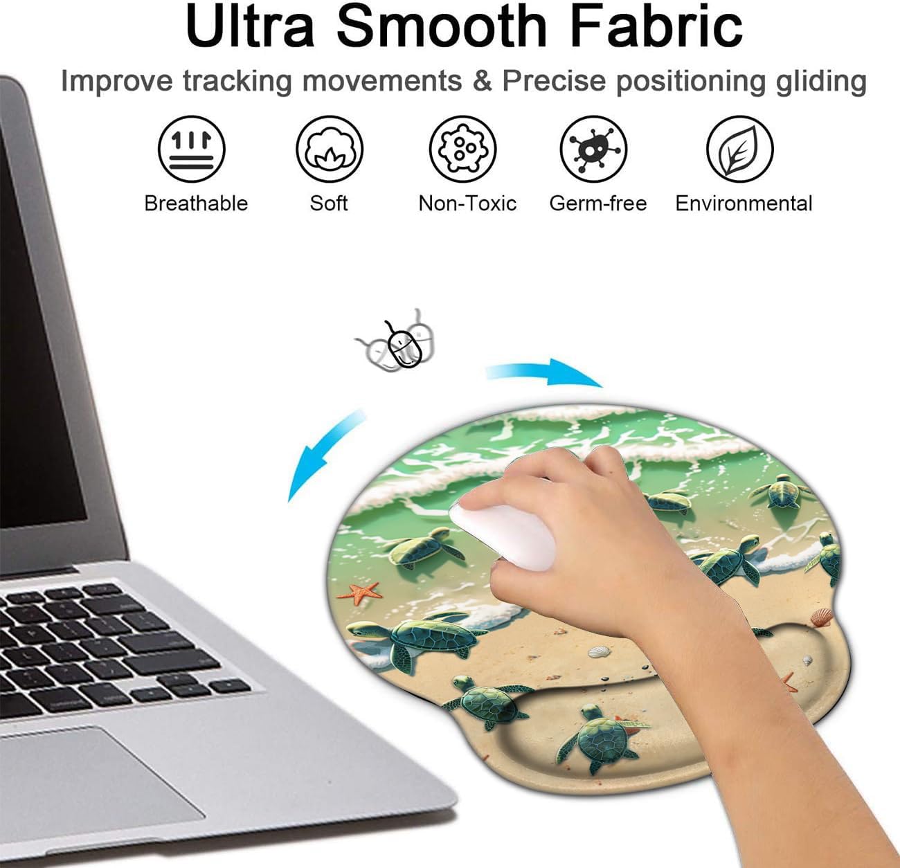Ergonomic Mouse Pad with Gel Wrist Rest Support - Non-Slip PU Base for Computer, Office & Gaming - Pain Relief Design with Sea Turtles & Starfish Ocean Theme - Includes Cup Coaster for Desk Organization - Perfect for Work, Gaming & Home Office Use