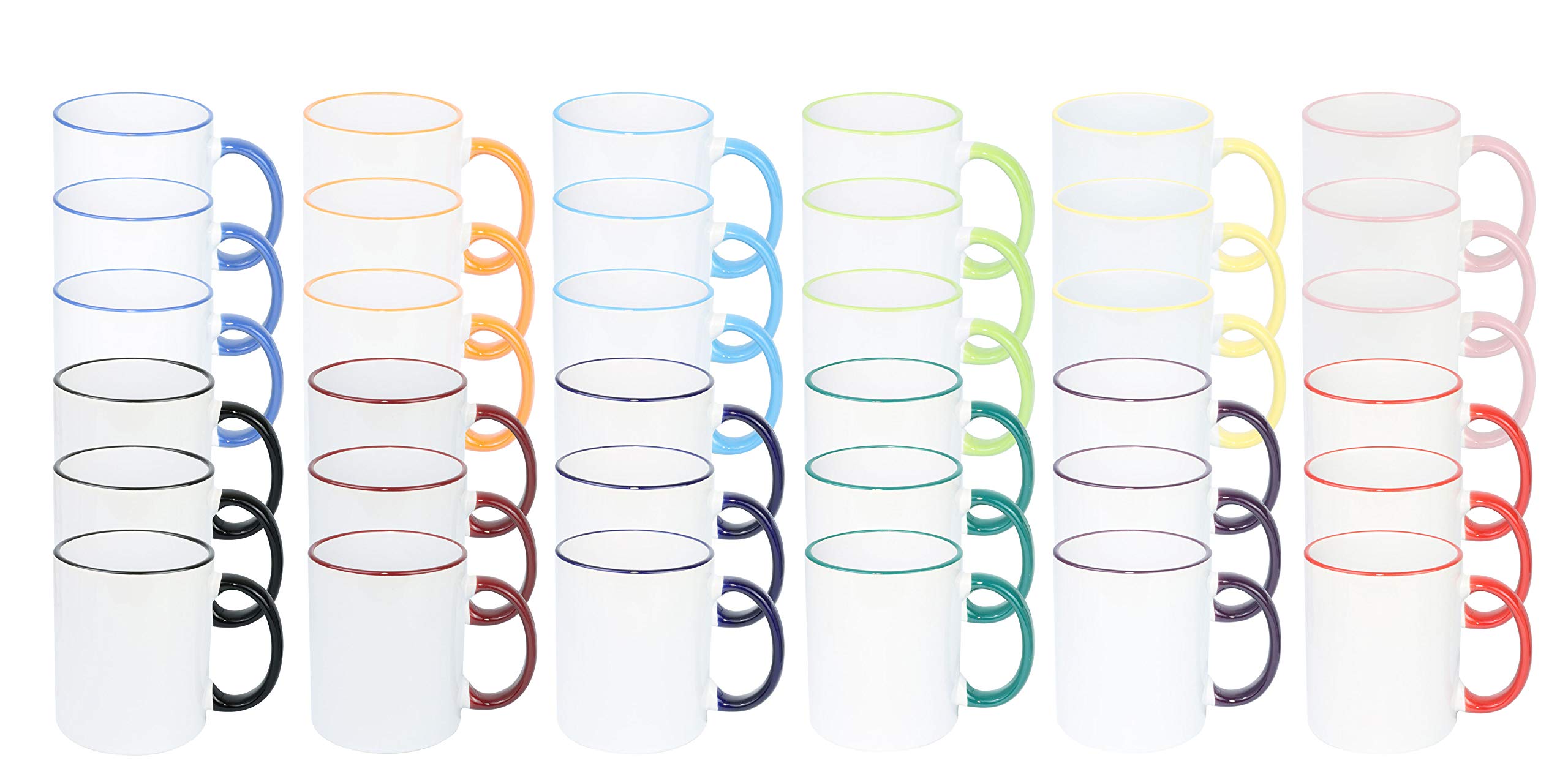 11oz White Ceramic Sublimation Coffee Mug with 12 Color Rim & Handle Options - Bulk Pack of 36 - Perfect for Custom Printing, Gifts, and Office Use