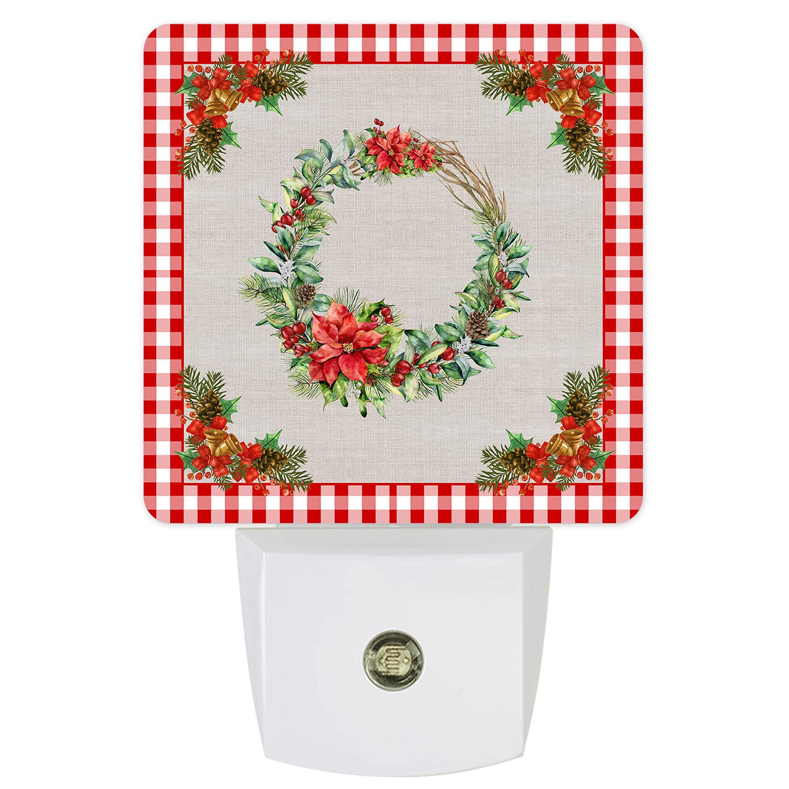 Christmas Poinsettia LED Wreath Night Light with Auto Dusk-to-Dawn Sensor - Rustic Red & White Plaid Plug-in Wall Decor for Bedroom, Bathroom, Kitchen, Nursery, Hallway, Stairs - Perfect for Holiday Home Decor and Cozy Winter Ambiance