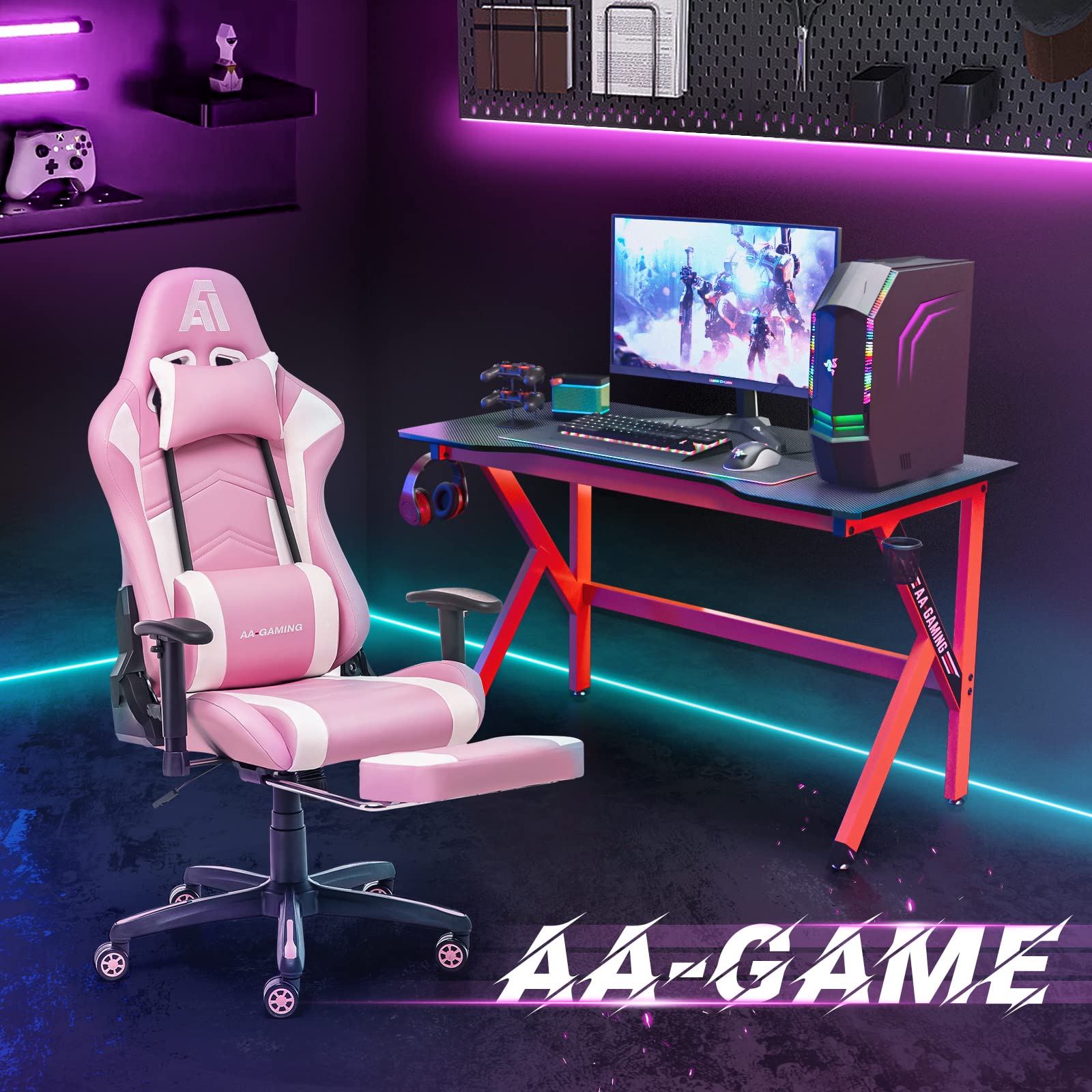 Ergonomic Gaming Chair High Back Racing Office Chair with Adjustable Height, Footrest & Lumbar Support - White & Pink - Perfect for PC Gaming, Esports, Home Office & Streaming Setup