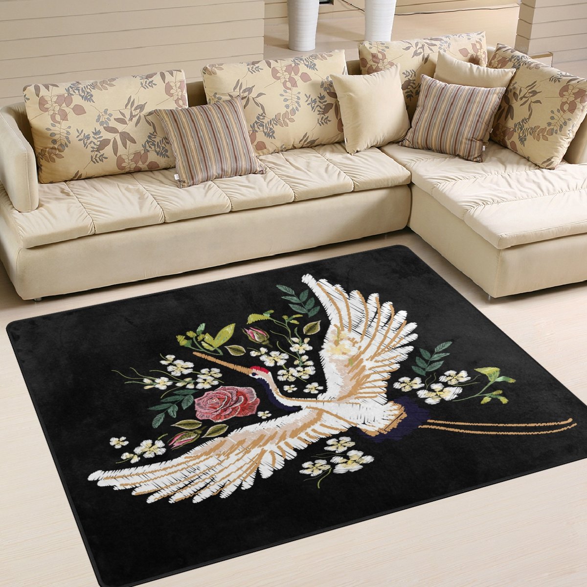 ALAZA Japanese Flower Crane Flying Area Rug - 7' x 5' Non-Slip Living Room & Bedroom Carpet - Traditional Home Decor for Asian Style Interior Design