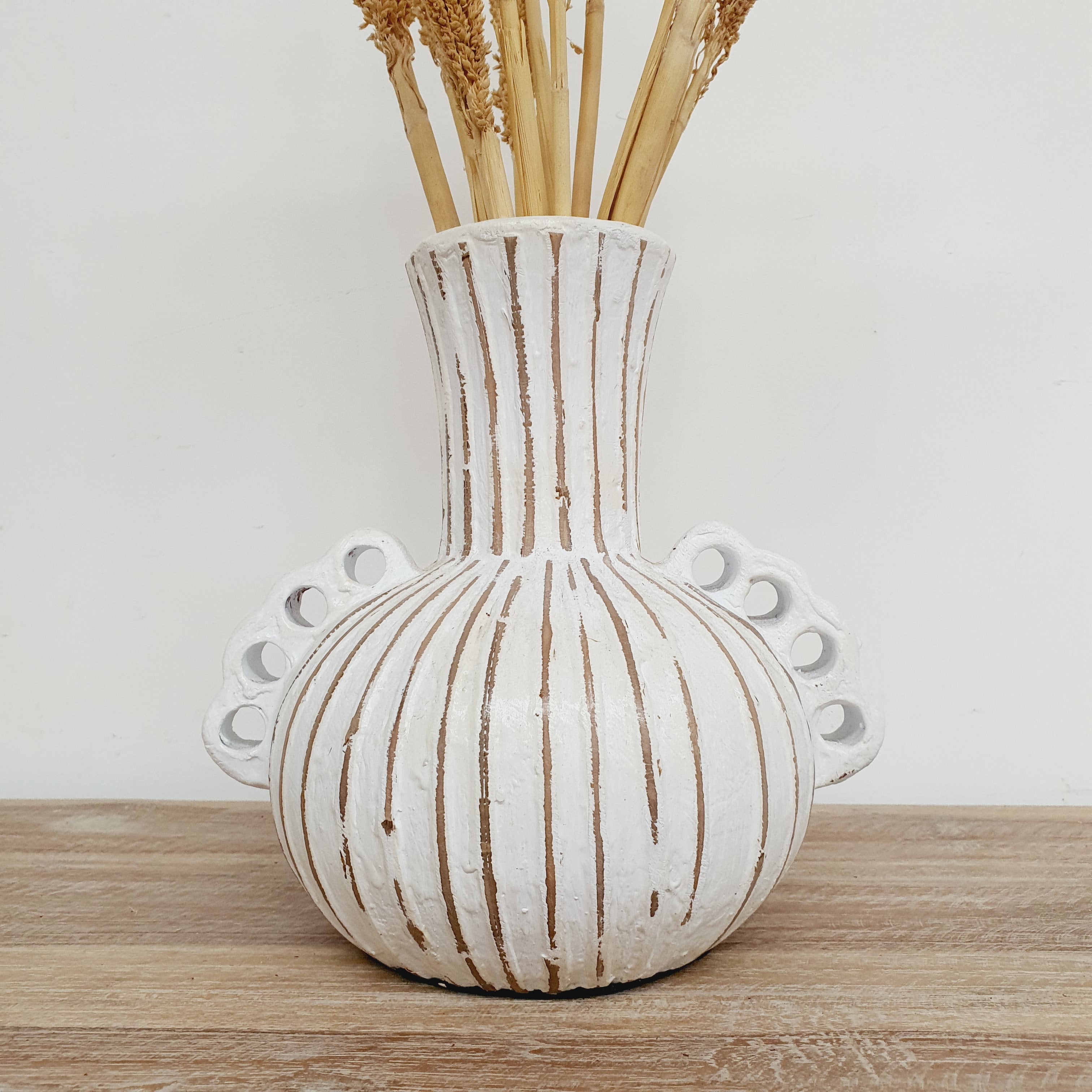 Handmade White Striped Terracotta Vase with Handles - Boho Home Decor for Living Room, Bedroom & Office - Perfect for Flowers, Plants & Centerpieces