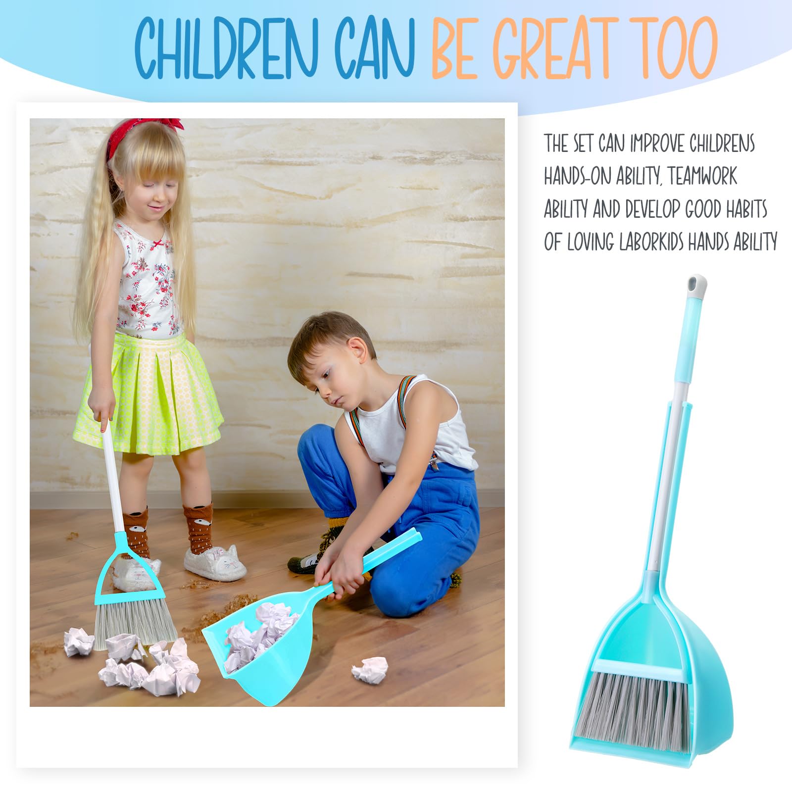 Roshtia 2-Piece Mini Broom and Dustpan Set for Kids - Toddler Cleaning Tools with Small Broom & Dustpan for Boys & Girls - Perfect for Kitchen, Bathroom, Pet Hair Cleaning (Blue & Red) - Ideal for Teaching Children Household Chores & Play Cleaning Activities