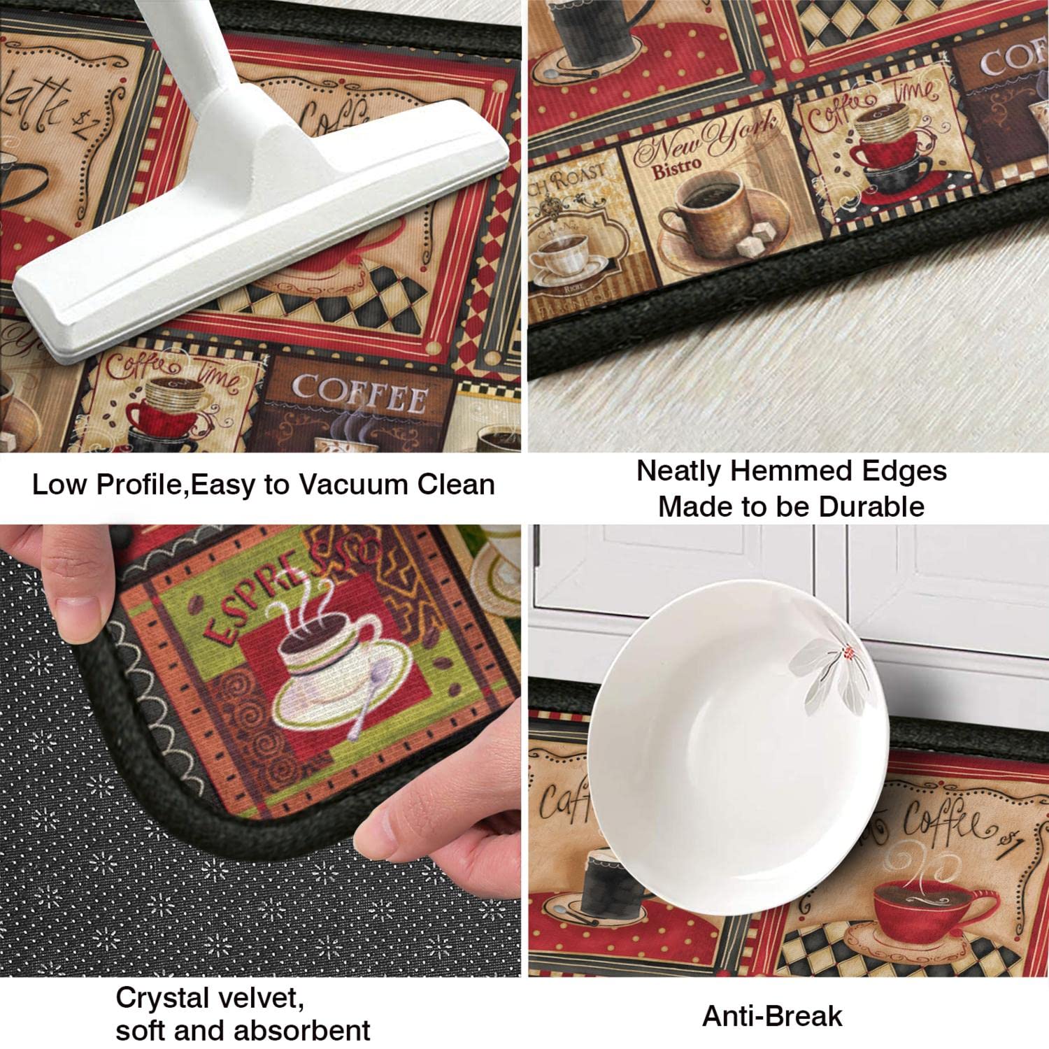 2-Piece Non-Slip Washable Kitchen Rug Set - Absorbent Microfiber Coffee Themed Decor Mats (17
