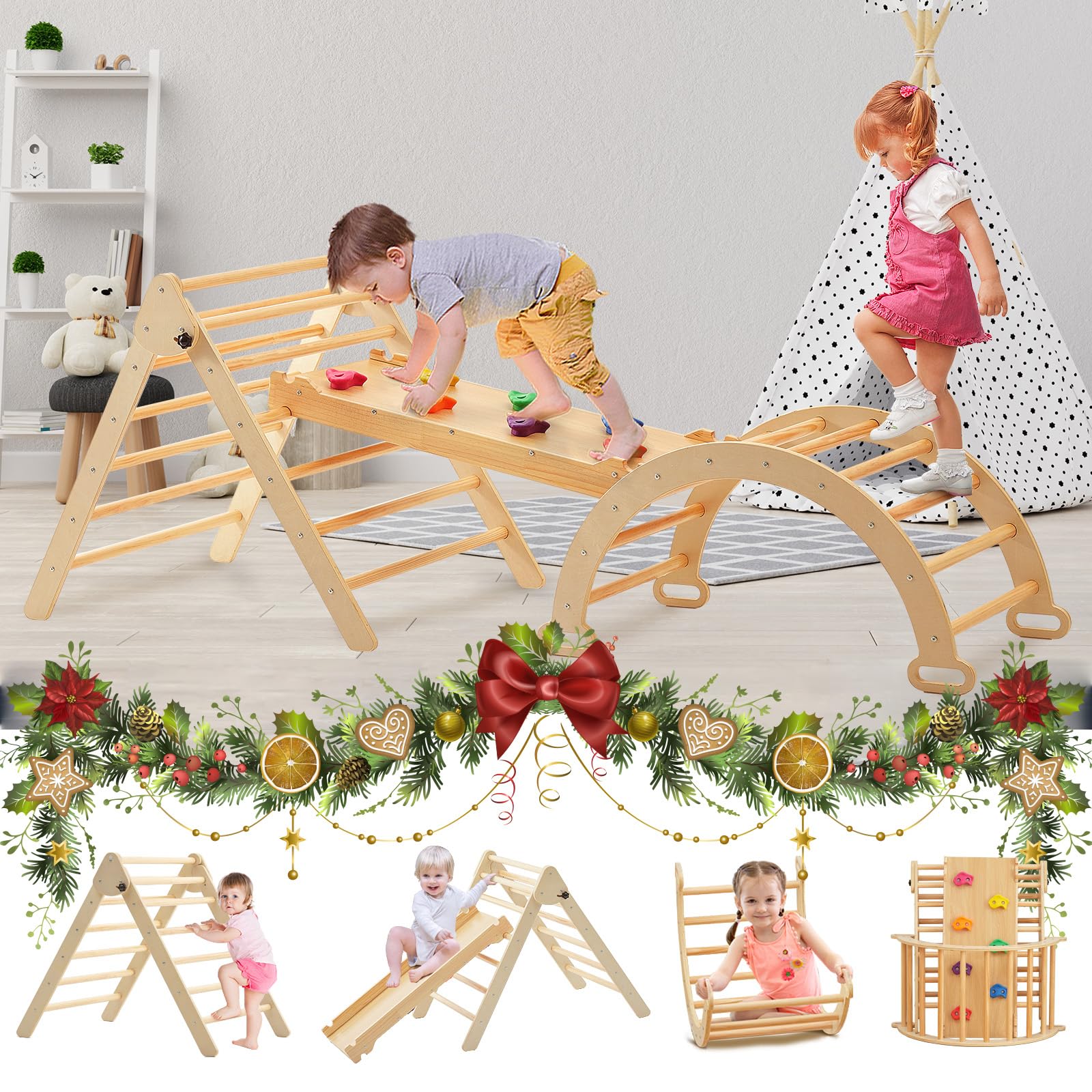 FUNLIO Foldable Wooden Triangle Climber Set (3-Piece) for Kids Ages 2-6 - Montessori Climbing Arch, Indoor Play Gym with Slide & Rock Climbing Wall - Perfect for Toddler Playroom, Preschool Activity & Home Montessori Education
