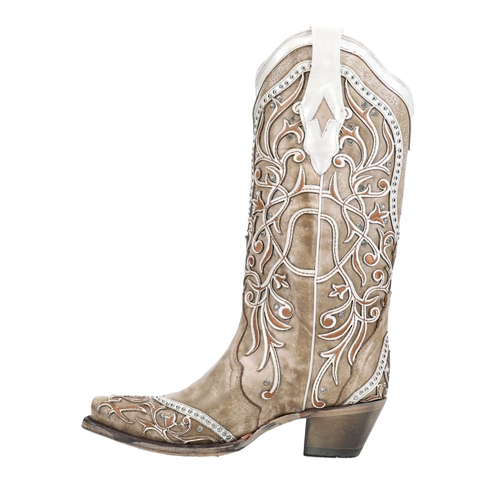 Corral Women's Western Boots - White Overlay with Embroidery, Studs & Crystals, Snip Toe, Leather Sole (Style A3837) | Perfect for Country Dancing, Rodeos & Cowgirl Fashion