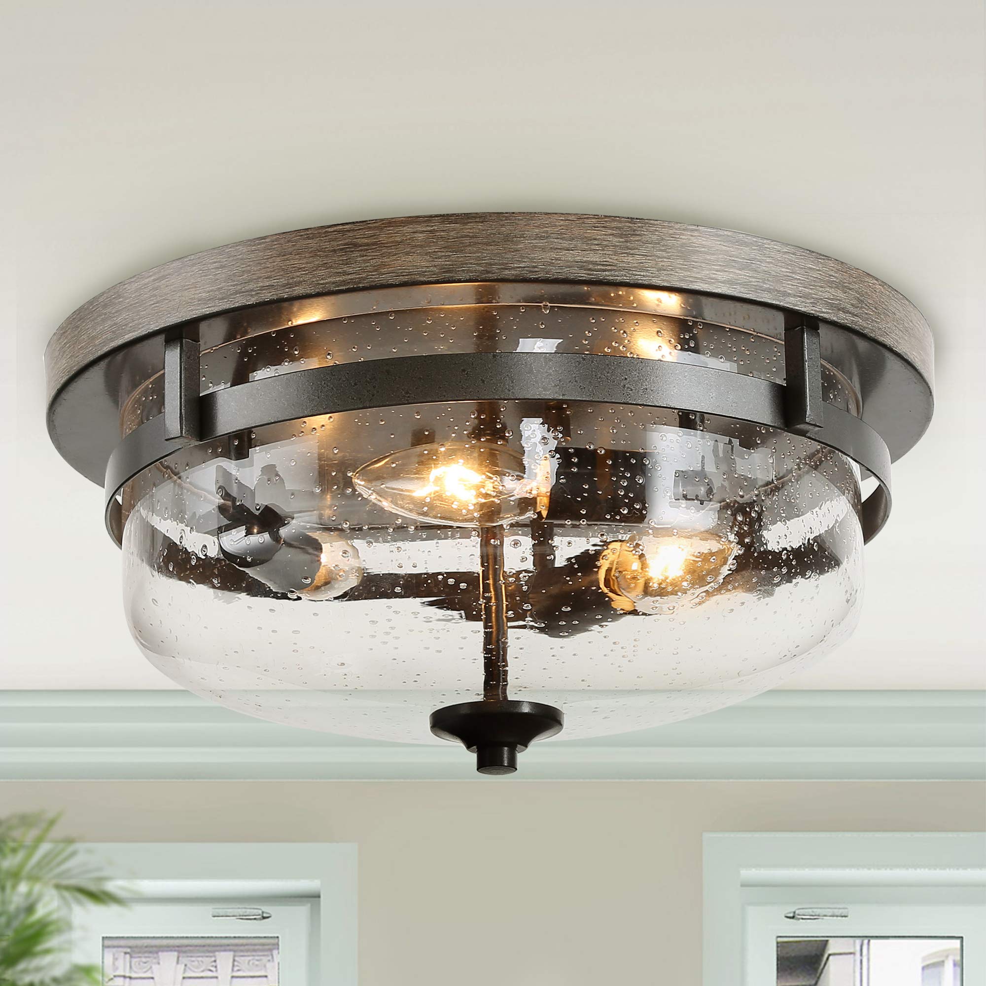 Farmhouse Flush Mount Ceiling Light Fixture - Faux Wood Finish & Seeded Glass Cover - 13.5