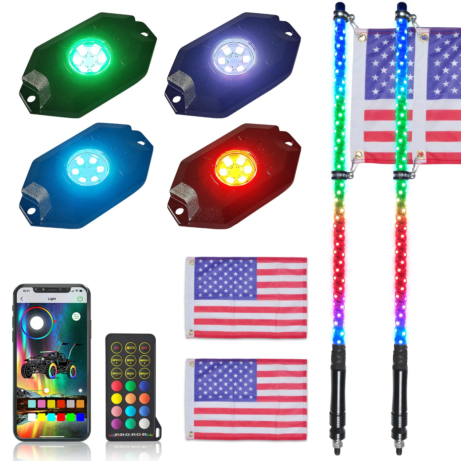 OHMU 2Pcs 3FT LED Whips with Bluetooth & Remote Control - 3rd Gen RGB Spiral Chasing Offroad Lights for Jeep, Truck, ATV - 360° Neon Warning Whips for Night Riding & Off-Road Adventures