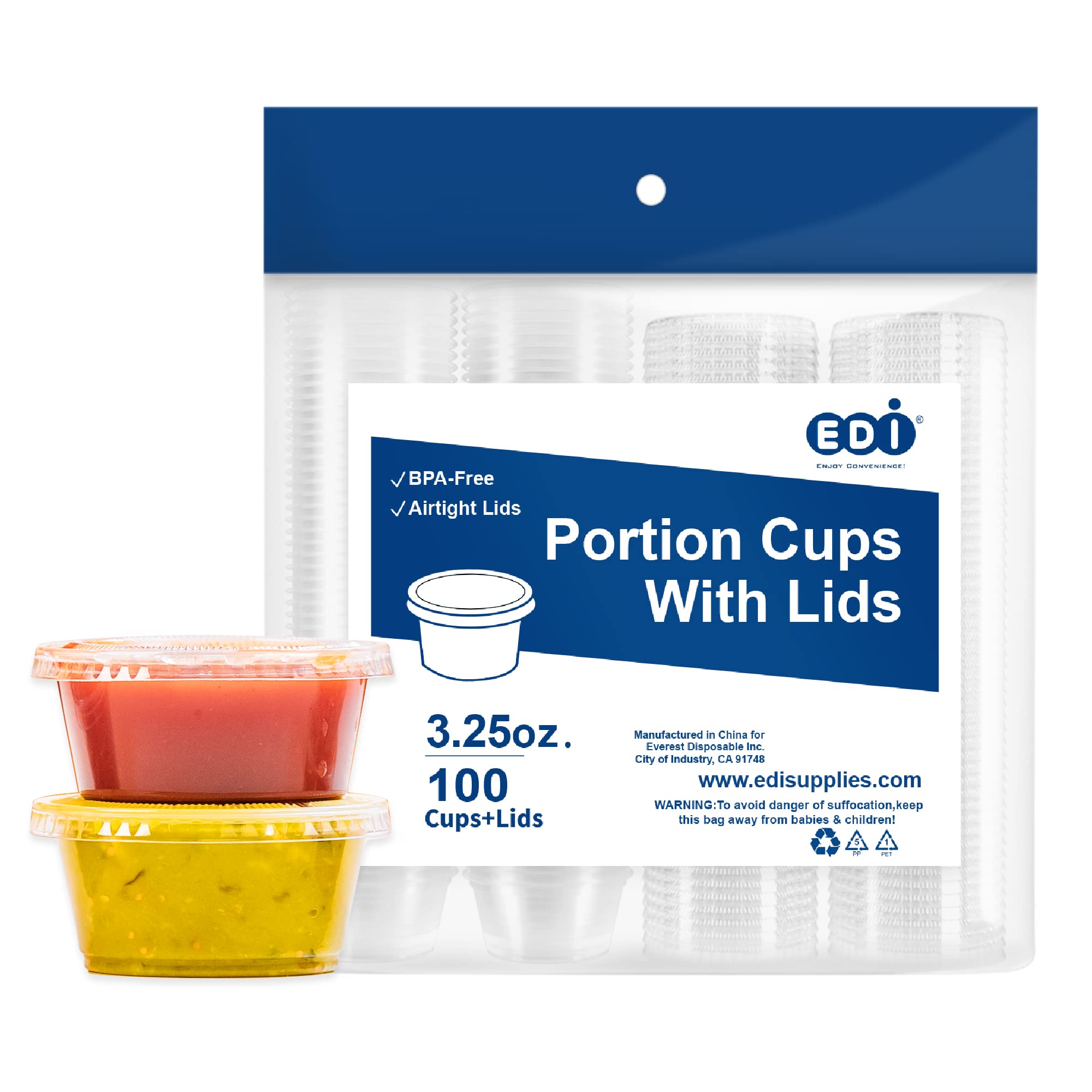 EDI Clear Disposable Plastic Portion Cups with Leakproof Lids - 3.25 oz Jello Shot & Condiment Containers (100 Pack) | BPA Free, Recyclable | Perfect for Parties, Catering & Food Service