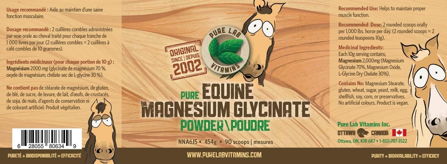 Pure Lab Vitamins Equine Magnesium Glycinate Powder - 454g | Premium Horse Supplement for Muscle Relaxation & Stress Relief | Made in Canada | Ideal for Performance Horses & Equine Recovery
