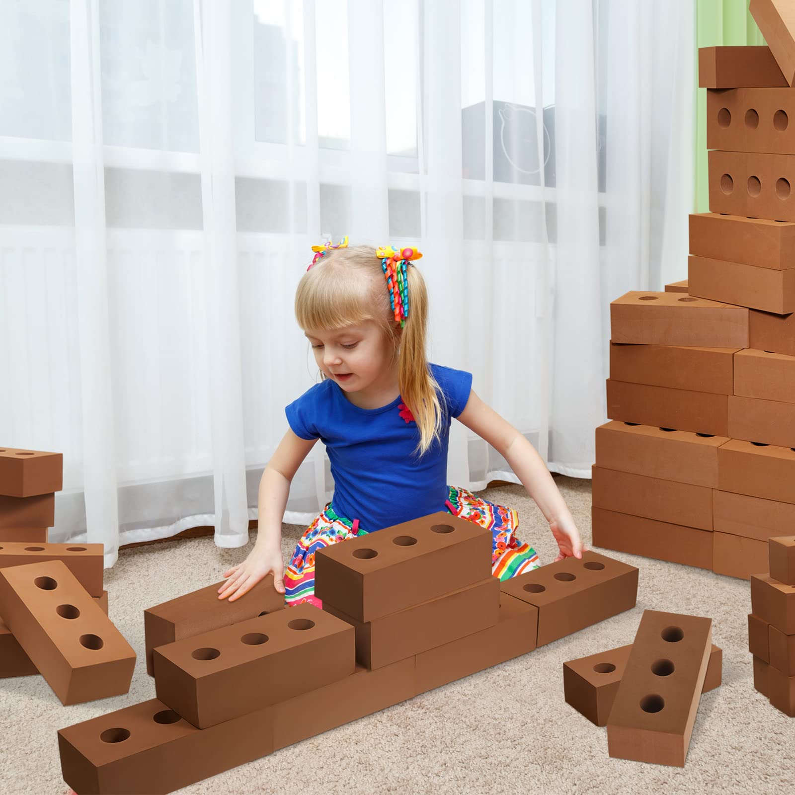 Deekin 30 Pcs Foam Brick Building Blocks for Kids - Large Thick Fake Bricks Construction Toy for Stacking, 8 x 4 x 2.4 Inches with Circle Holes - Perfect for Indoor/Outdoor Play, STEM Learning & Creative Building Activities