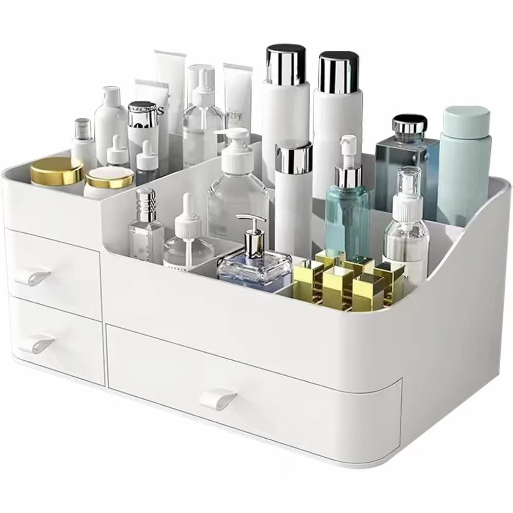 MIUOPUR Large Makeup Organizer with Drawers - Cosmetic Storage for Lipstick, Jewelry, Nail & Skincare Products - Vanity & Bathroom Countertop Organizer - White (Perfect for Bedroom, Dressing Table & Bathroom Organization)