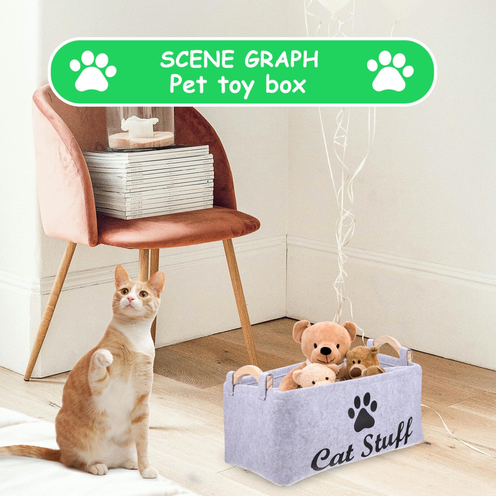 POPETPOP Cat Toy Storage Basket with Handle - Collapsible Organizer Box for Cat Toys, Apparel & Accessories (Grey) - Perfect for Pet Playroom, Living Room & Bedroom Organization