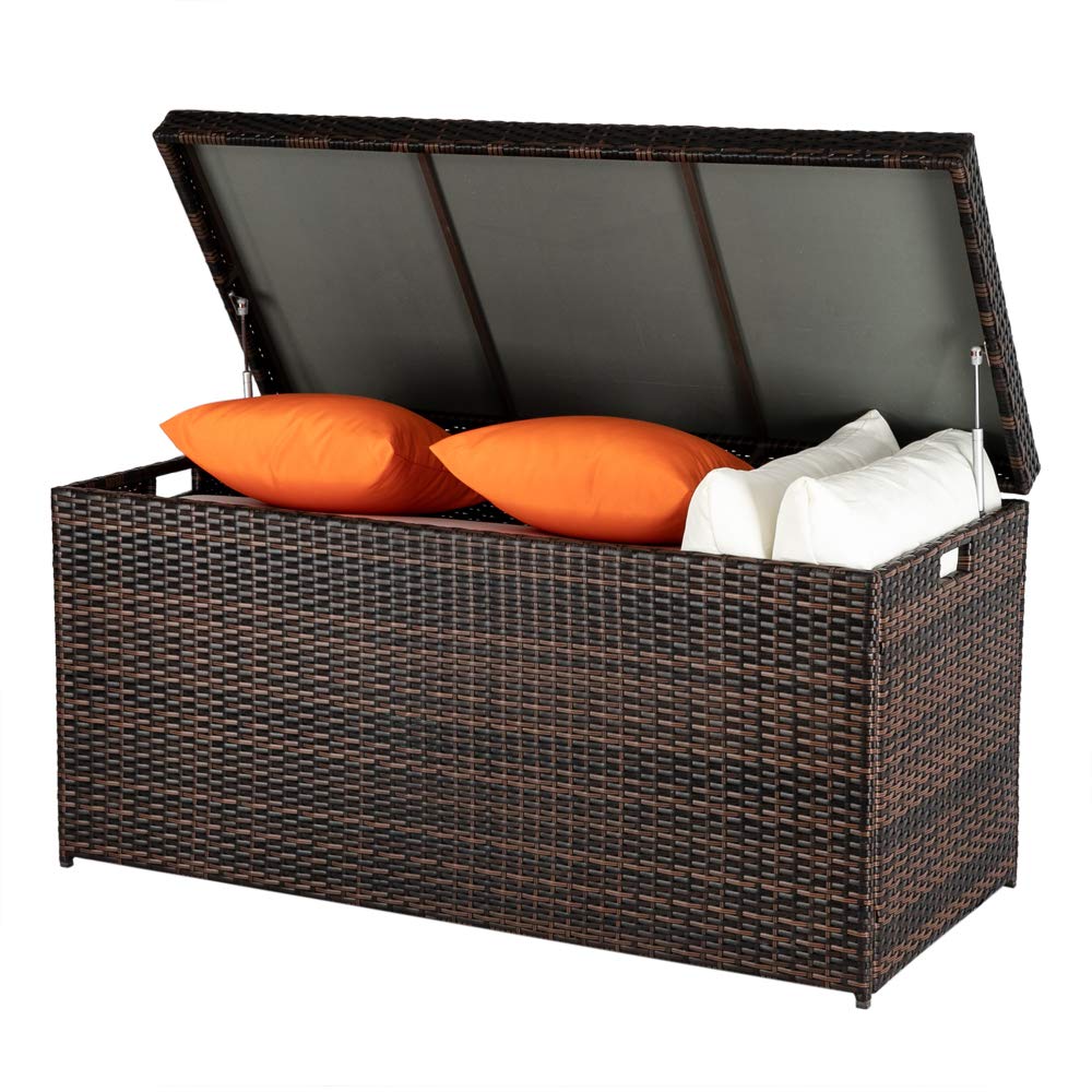 HomVent 132-Gallon Outdoor Wicker Patio Storage Box with Lid - Rattan Pool Deck Storage Bench for Garden, Backyard, and Poolside - Waterproof Deck Box for Cushions, Toys & Outdoor Gear (Brown) - Perfect for Patio, Pool Area & Garden Storage Organization