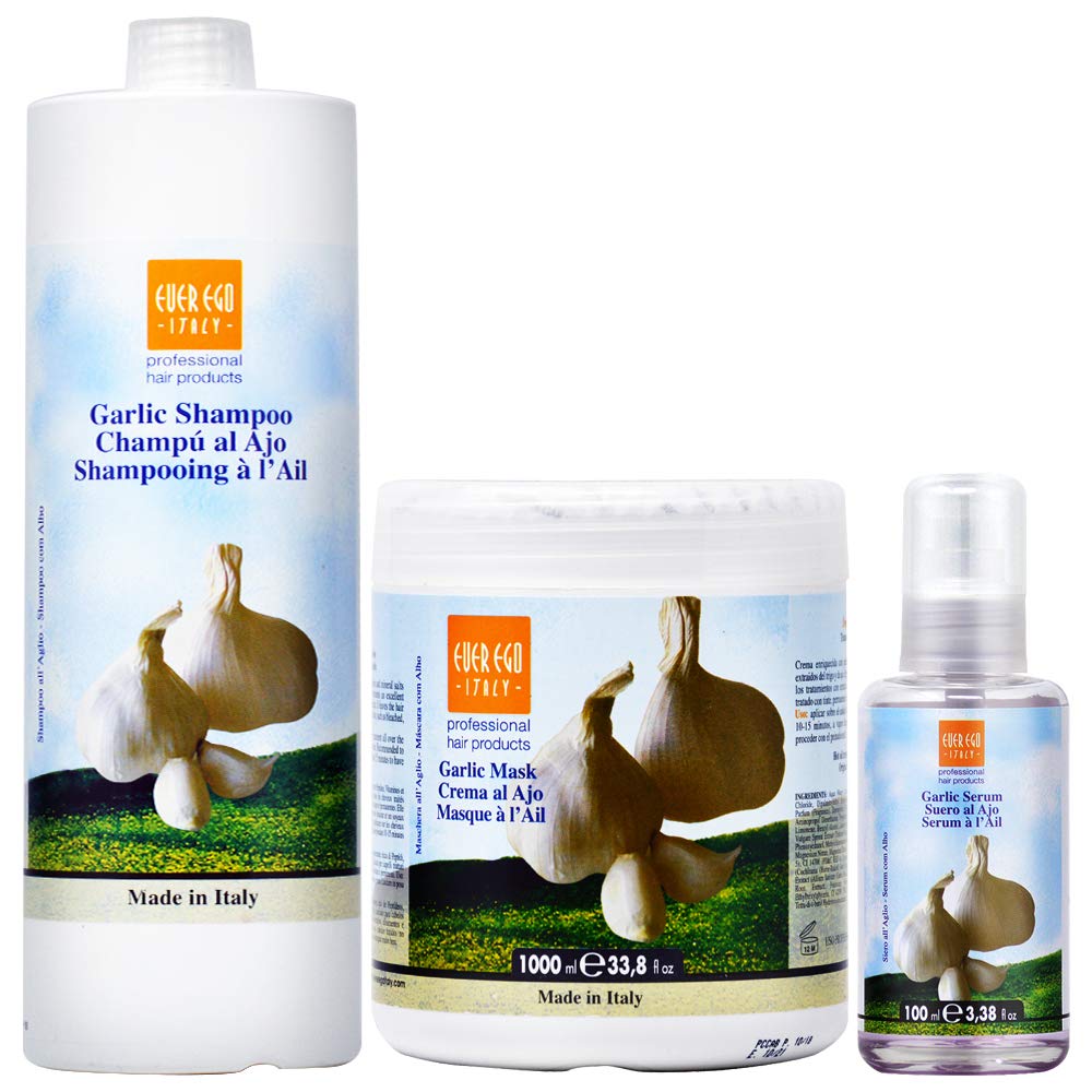 Ever Ego Italy Impac Ego Garlic Shampoo & Mask Set (33.8oz + 3.38oz Serum) - Hair Growth Treatment for Damaged Hair - Perfect for Dry, Frizzy & Color-Treated Hair at Home Salon Care