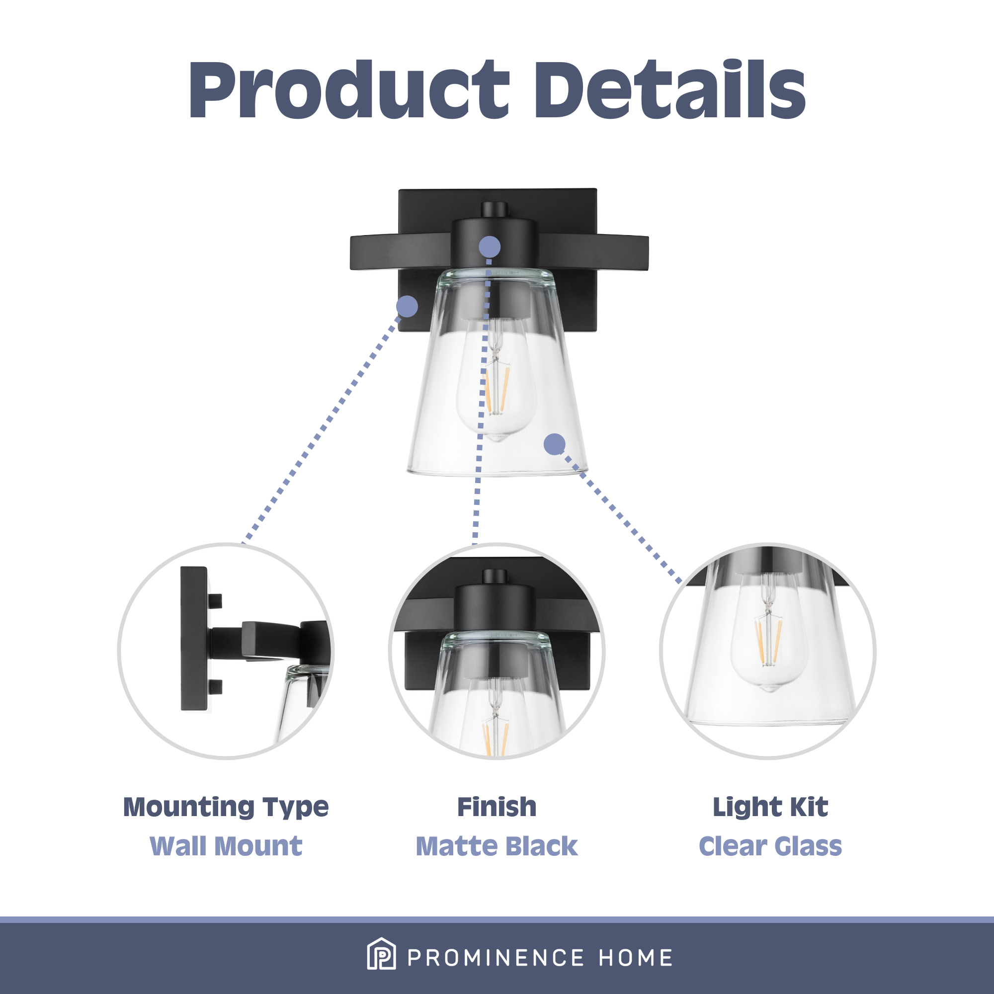 Fairendale Matte Black Vanity Light with Clear Glass Shade - Single Light Bathroom Sconce for Mirror Lighting, Powder Room & Dressing Area