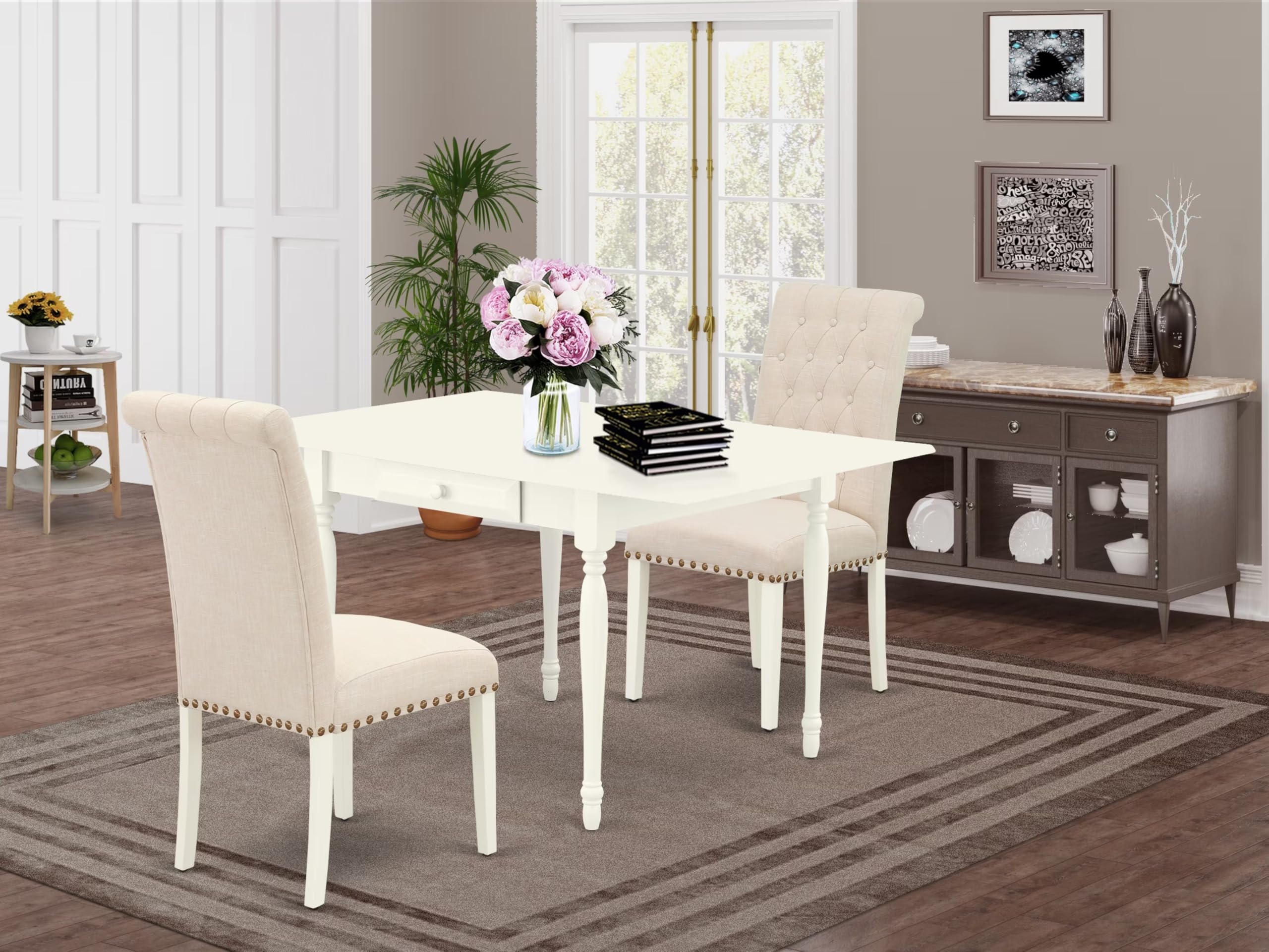 East West Furniture 3-Piece Dining Set with Drop-Leaf Table & 2 Upholstered Chairs, 36x54 Inch, Light Beige Linen Fabric, White - Perfect for Small Spaces, Breakfast Nooks & Cozy Apartments