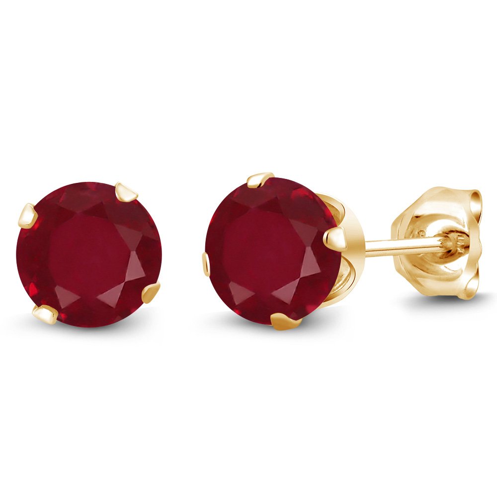 2.10 Ct Round Red Ruby Stud Earrings for Women & Men - 6mm Yellow Gold Plated Silver 4-Prong Setting | Gem Stone King | Perfect for Weddings, Parties & Gifts