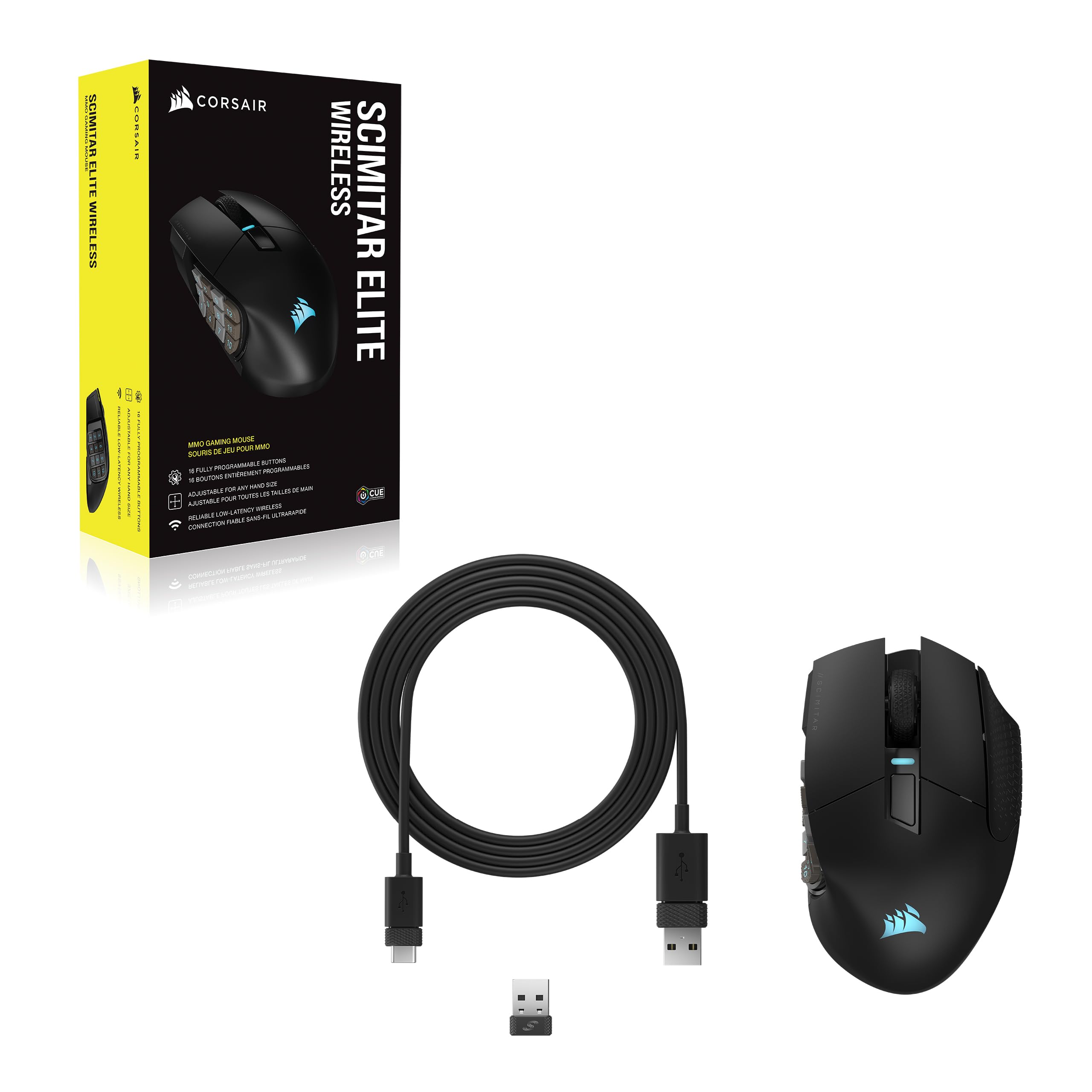 CORSAIR SCIMITAR ELITE WIRELESS MMO Gaming Mouse - 26,000 DPI Optical Sensor - 16 Programmable Buttons - Up to 150 Hours Battery Life - iCUE Software Compatible - RGB Lighting - Ergonomic Design for PC, PS5, PS4, Xbox - Black | Perfect for MMORPG, FPS, and Long Gaming Sessions