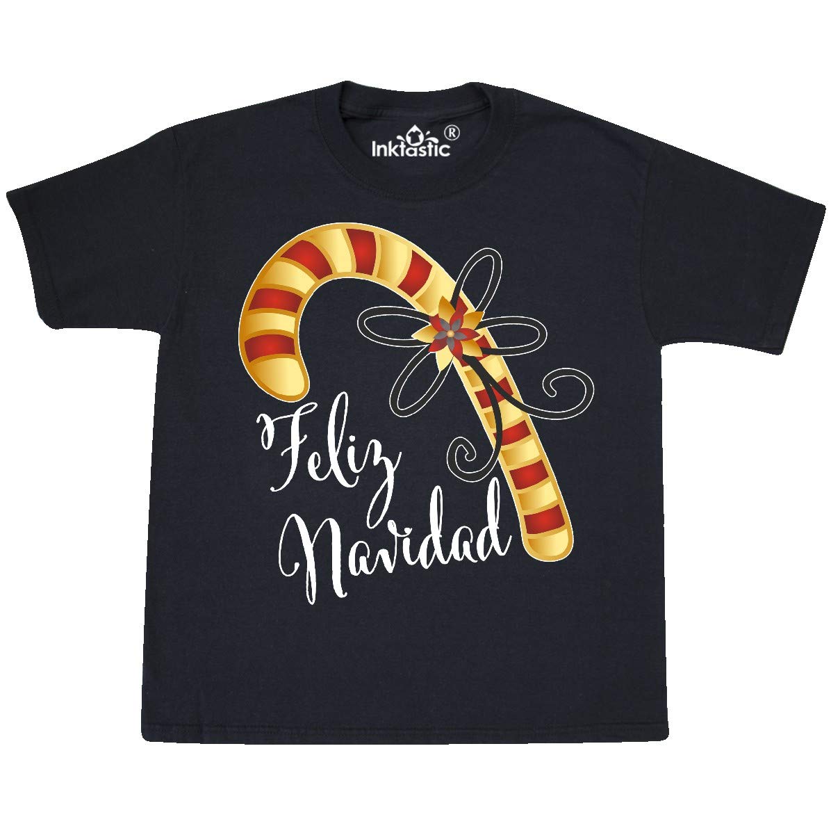 Inktastic Feliz Navidad Red and Gold Candy Cane Youth T-Shirt - Christmas Holiday Party Outfit for Kids & Teens
