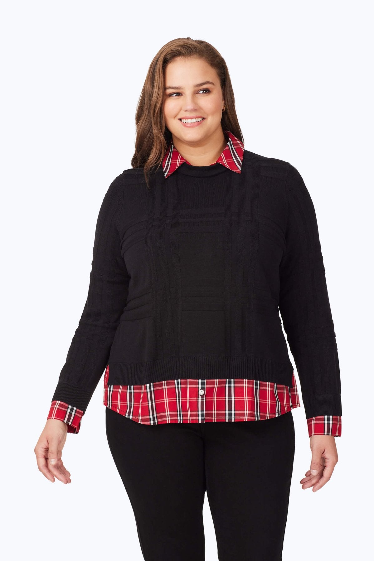 Women's Plus Size Layered Tartan Long Sleeve Sweater - Cozy Fall & Winter Knit Pullover for Casual Outfits and Holiday Gatherings