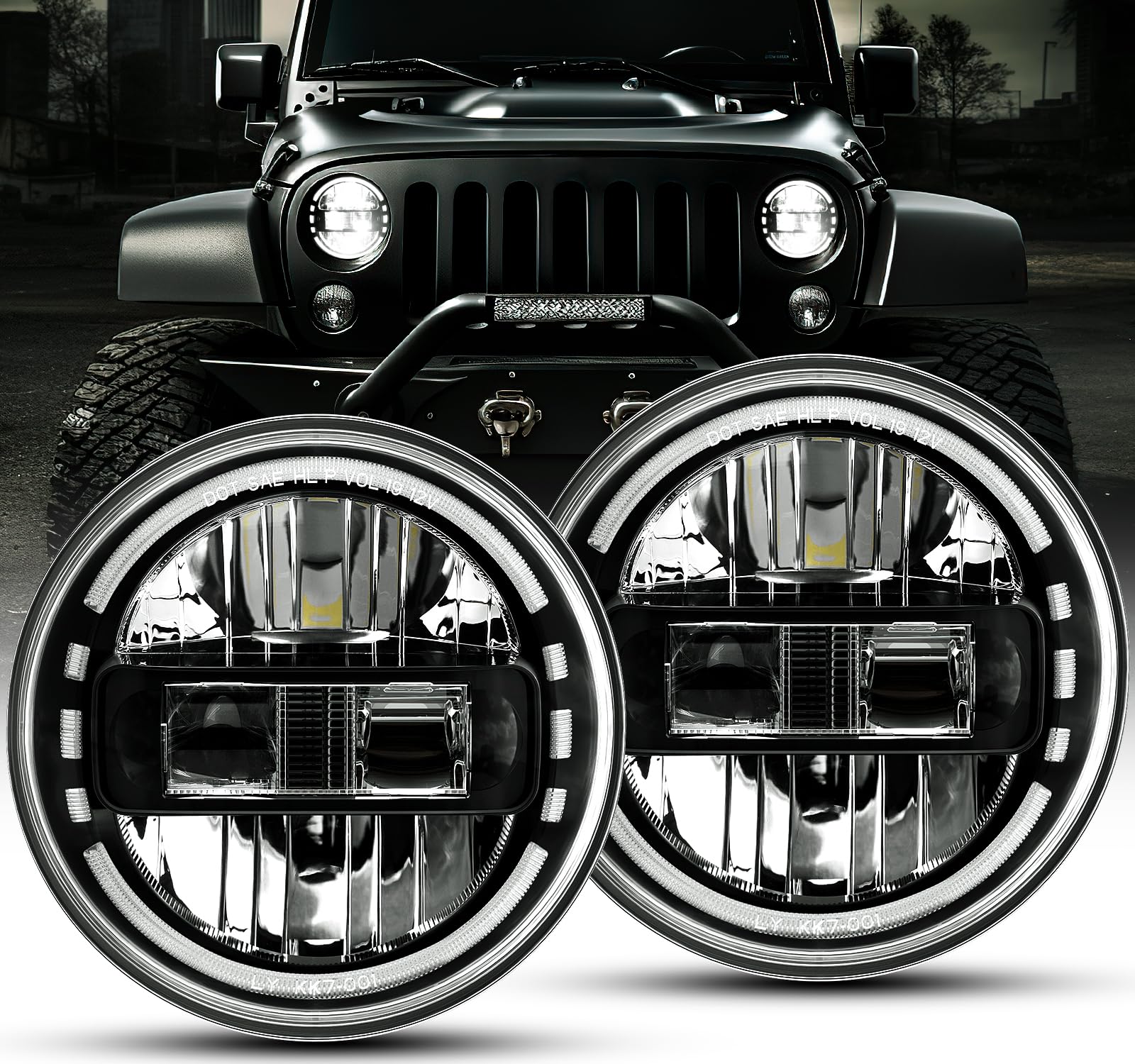 AUDEXEN 7 Inch LED Headlight Black + 4 Inch Fog Lights Kit - High Performance Off-Road Lighting for Trucks, Jeeps & ATVs - Perfect for Night Driving, Adventure & Off-Roading
