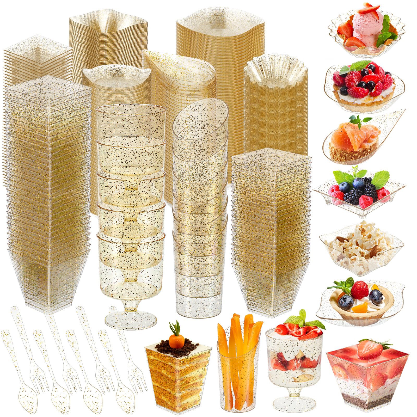1600 Pcs Mini Dessert Cups with Spoons & Forks - 600 Plastic Appetizer Plates, 200 Appetizer Cups, 400 Spoons & 400 Forks - Gold Glitter Party Shooter Cups, Dessert Bowls & Parfait Containers for Weddings, Baby Showers & Catering Events