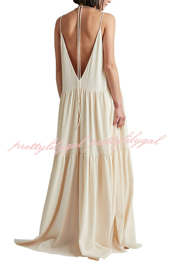 Women's Linen Blend Back Tie A-Line Maxi Dress for Beach Vacation & Summer Outings | Flowy Layered Sundress for Pool Party, Resort Wear & Casual Day Out