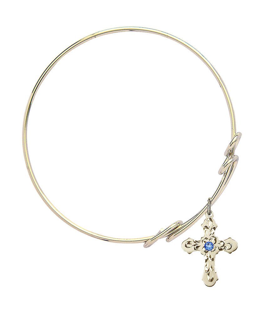 8 1/2 Inch Round Double Loop Bangle Bracelet with Cross Charm & September Birthstone Blue Crystal - Perfect for Birthday Gifts, Anniversary Jewelry and Everyday Fashion Accessories
