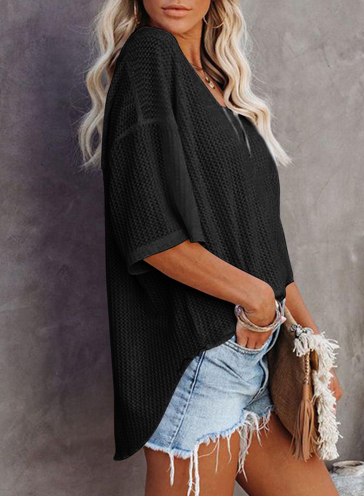 SHEWIN Women's Casual Waffle Knit T-Shirt - Short Sleeve V-Neck Summer Top for Women | Comfortable Everyday Wear, Outfits, and Layering