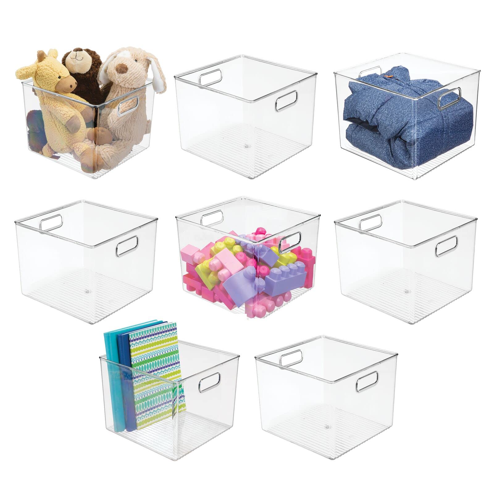 mDesign 8-Pack Clear Plastic Storage Baskets with Handles - Deep Organizer Bins for Cube Shelves | Perfect for Office, Closet, Bedroom, Laundry, Nursery & Kids Toy Room Organization | Durable Home Storage Solution