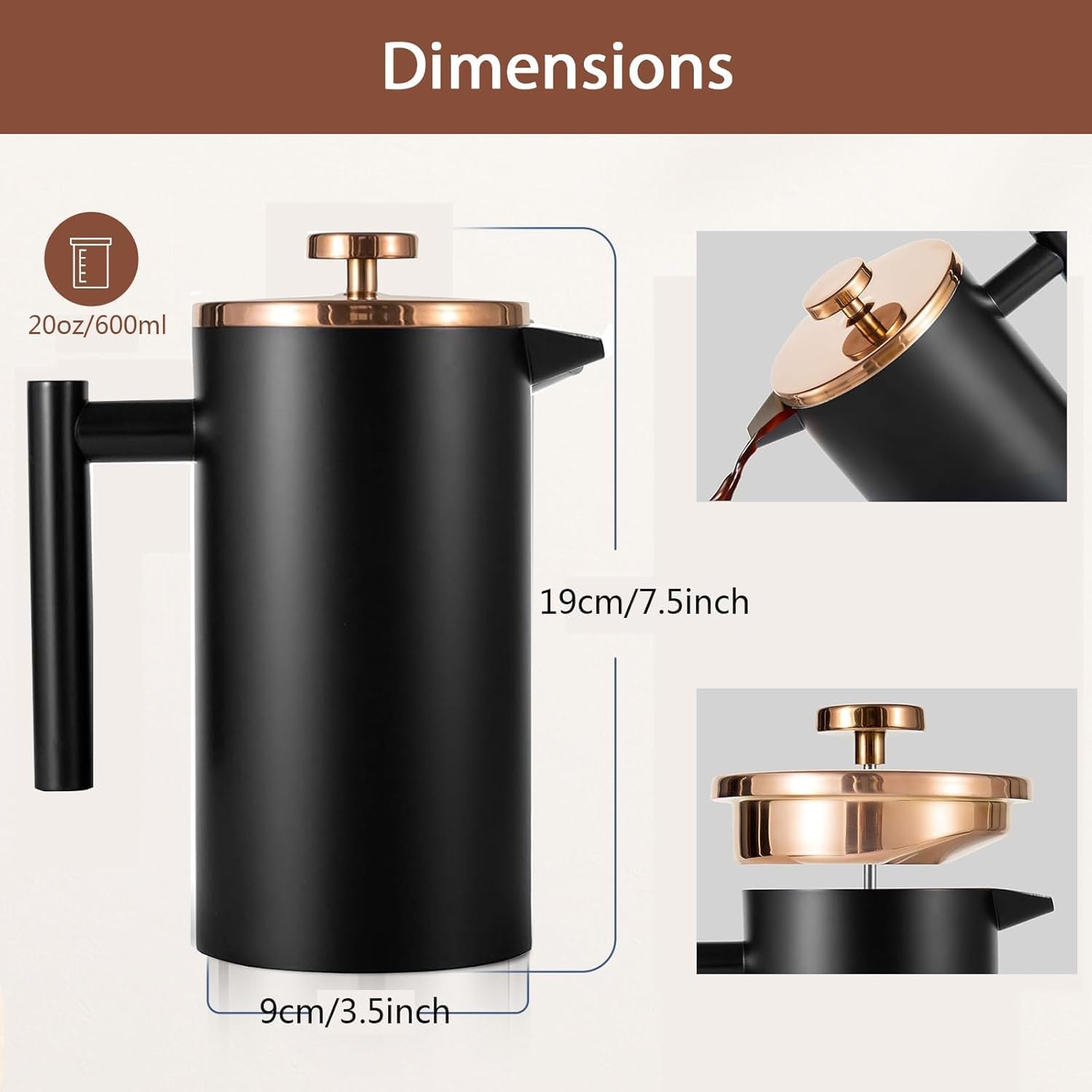 Premium Stainless Steel French Press Coffee Maker - 21Oz Double Wall Insulated with 3-Level Filtration System | Includes 4 Filters & Metal Spoon | Ideal for Home, Office & Camping Use