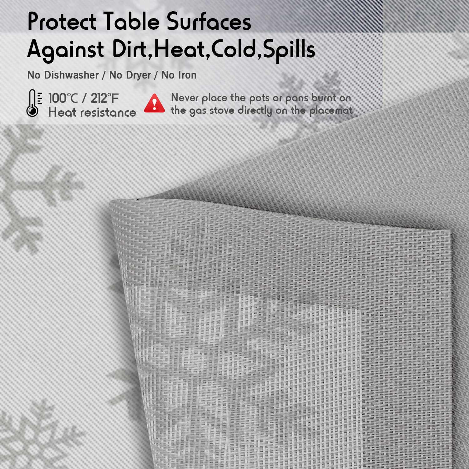 6-Piece Christmas Placemats Set - Woven Vinyl Non-Slip Washable Table Mats for Kitchen Dining, Anti-Skid Holiday Decor (Snow Silver) | Perfect for Festive Dinner Parties & Family Gatherings