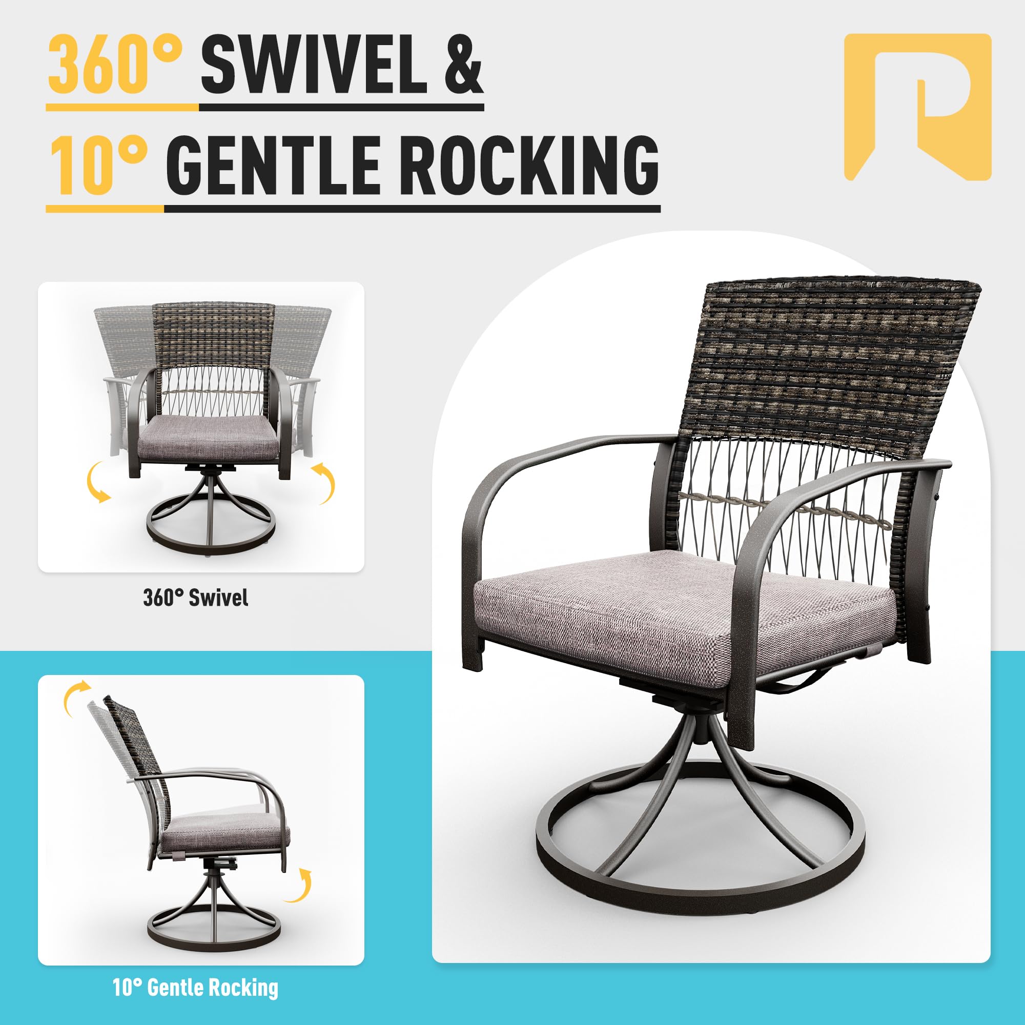**Pamapic 7-Piece Outdoor Dining Set for 6 - Wicker Patio Furniture with Iron Table & Swivel Rocking Chairs - Includes 6 Removable Cushions (Gray) - Perfect for Backyard, Garden, Deck & Poolside Dining**